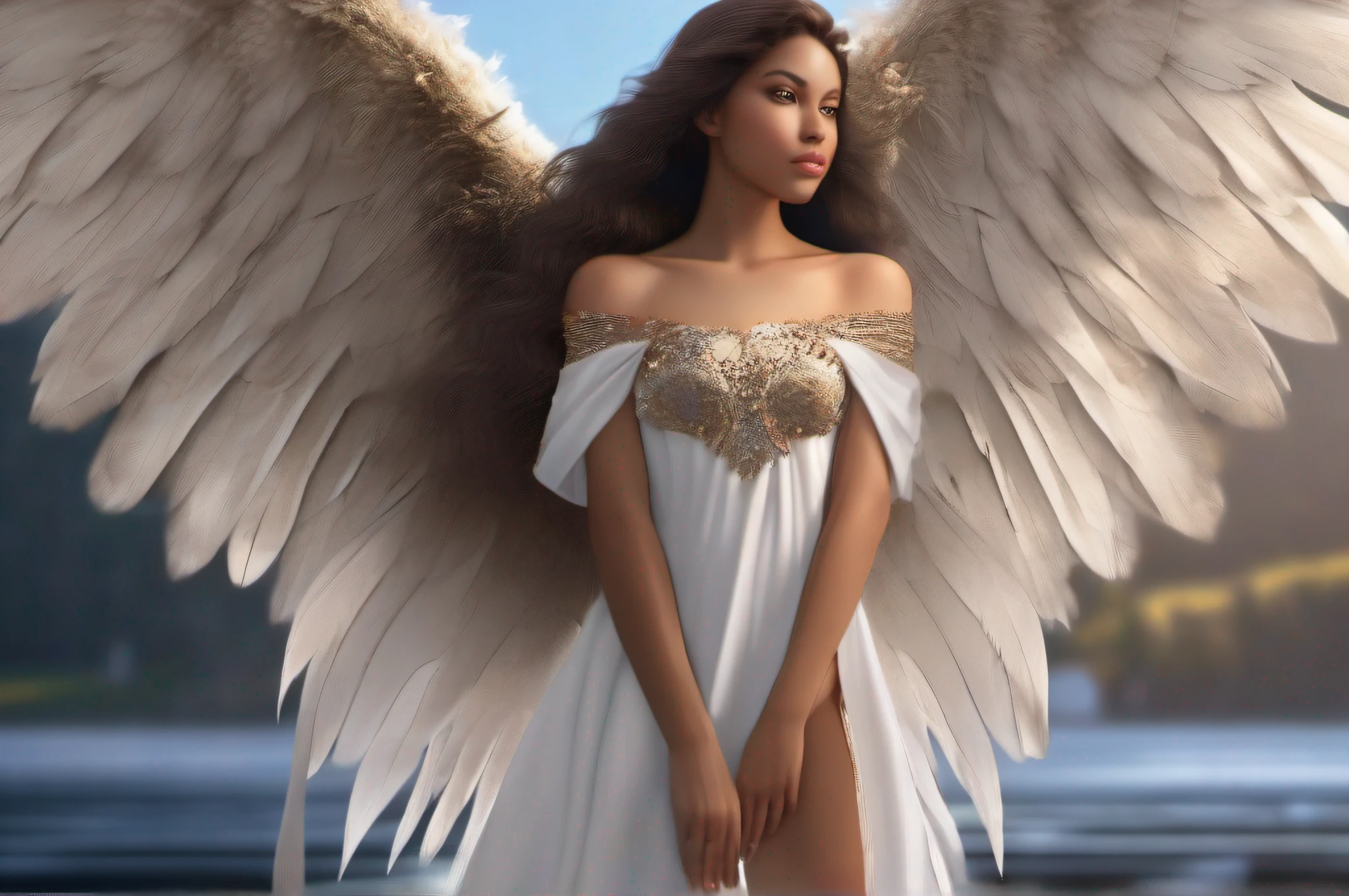 best quality, ultra high res, (photorealistic:1.4), masterpiece, fullbody, 1 angel girl with huge wings, brown skin color, brown_eyes, from_behind, fur_trim, hair_over_one_eye, lips, long_hair, make up, looking_at_viewer, looking_back, nose, photo_\(medium\), photorealistic, realistic, solo, teeth, upper_body, shot with Sony Alpha a9 II and Sony FE 200-600mm f/5.6-6.3 G OSS lens, natural ligh, hyper realistic photograph, ultra detailed –ar 3:2 –q 2 –s 750