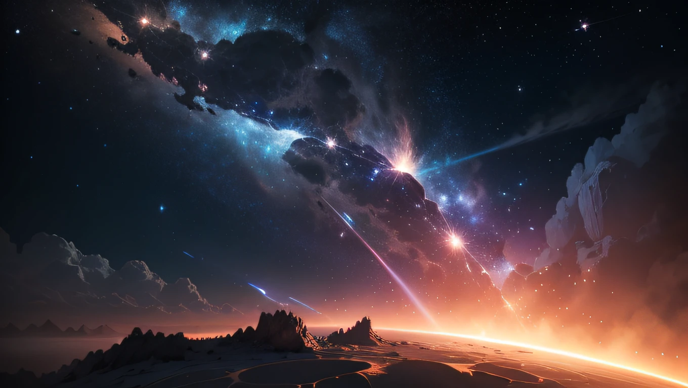 Nesta imagem, We are transported to an intergalactic scenario, where a majestic planet shines brightly in deep space. The planet is a deep blue, com nuvens brancas e espirais rodopiando ao seu redor, criando um efeito hipnotizante.
In the dark sky, uma lua outrora majestosa flutuava ao lado do planeta, But now it's in ruins. A lua, agora partida em fragmentos, transformou-se em uma cascata de escombros brilhantes e poeira espacial, that form a dramatic arc around the planet. The wreckage stretches like a winding trail of destruction in space.
The fragments of the moon present a spectacle of vibrant and bright colors, resulting from the release of gases and minerals that once made up the satellite's core. These intense, ethereal colors create a dramatic contrast to the blue of the planet, highlighting the tragedy of the lunar explosion.
Despite the destruction that happened, The scene is still surprisingly beautiful, As if the destruction itself had created a new form of cosmic art. The bright particles reflect light from neighboring stars, giving the impression of a celestial pyrotechnic spectacle in honor of the lost moon.
As the planet and debris glow brightly, The dark and mysterious space in the background is dotted with twinkling stars, like distant diamonds in a vast cosmic ether. The combination of intense brightness, The vibrant colors and stellar darkness create a striking contrast and a sense of deep melancholy.
The image evokes a reflection on the passage of time, the fragility of the universe and the ephemeral beauty that can arise even in the midst of devastation. Convida-nos a contemplar a grandiosidade do cosmos e a apreciar a beleza delicada de cada momento fugaz, while appreciating the magnitude and immensity of the universe we live in.