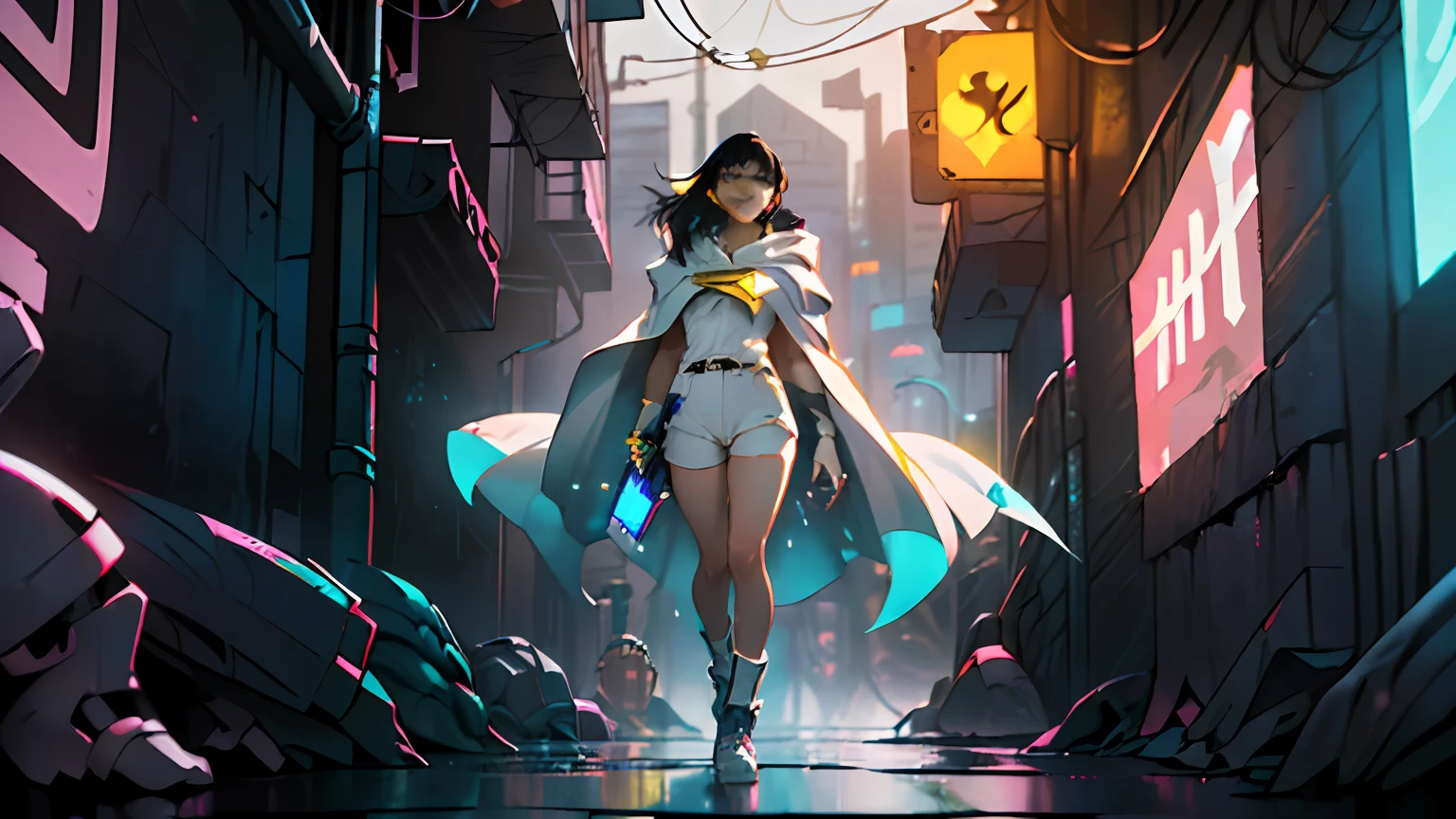 (beste-Qualit, tmasterpiece:1.3), ciberpunk, neon lights, a 1girl, ((hairlong, dark colored hair, Yellow eyes, stands, white cloak, White cyberpunk clothes, Short shorts)) rainy daytime, mist, gloomily, alleyway, Gray shades, looks down at the viewer,