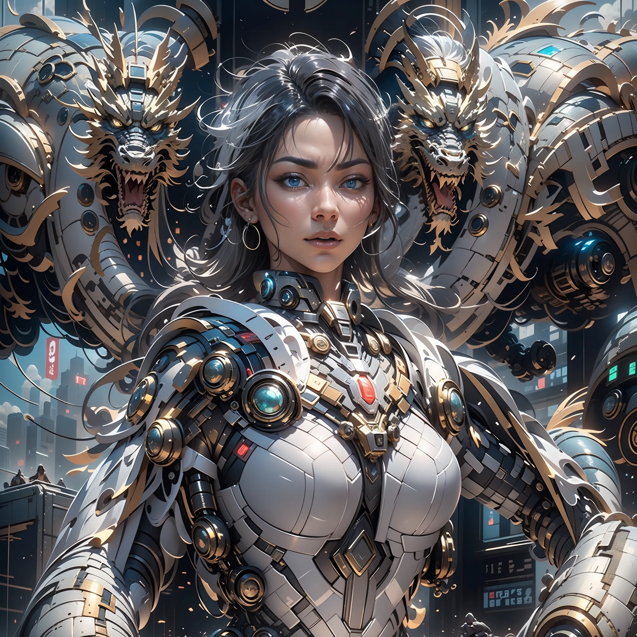 （（best qualtiy））， （（tmasterpiece））， （The is very detailed：1.3）， 3D，In Cyberpunk World，A girl in mechanical armor，holding futuristic weapons，The battle is ahead，Behind her was a medium-sized armored mech，Finally, there is a super huge mecha Oriental Dragon，hdr（HighDynamicRange），Ray traching，NVIDIA RTX，Hyper-Resolution，Unreal 5，sub surface scattering，PBR textures，Post-processing，Anisotropic filtering，depth of fields，Maximum clarity and sharpness，Many-Layer Textures，Albedo e mapas Speculares，Surface coloring，Accurately simulate light-material interactions，perfectly proportions，rendering by octane，twotonelighting，Low ISO，White balance，trichotomy，Wide aperture，8K raw data，High-Efficiency Sub-Pixel，sub-pixel convolution，Luminous Particle，