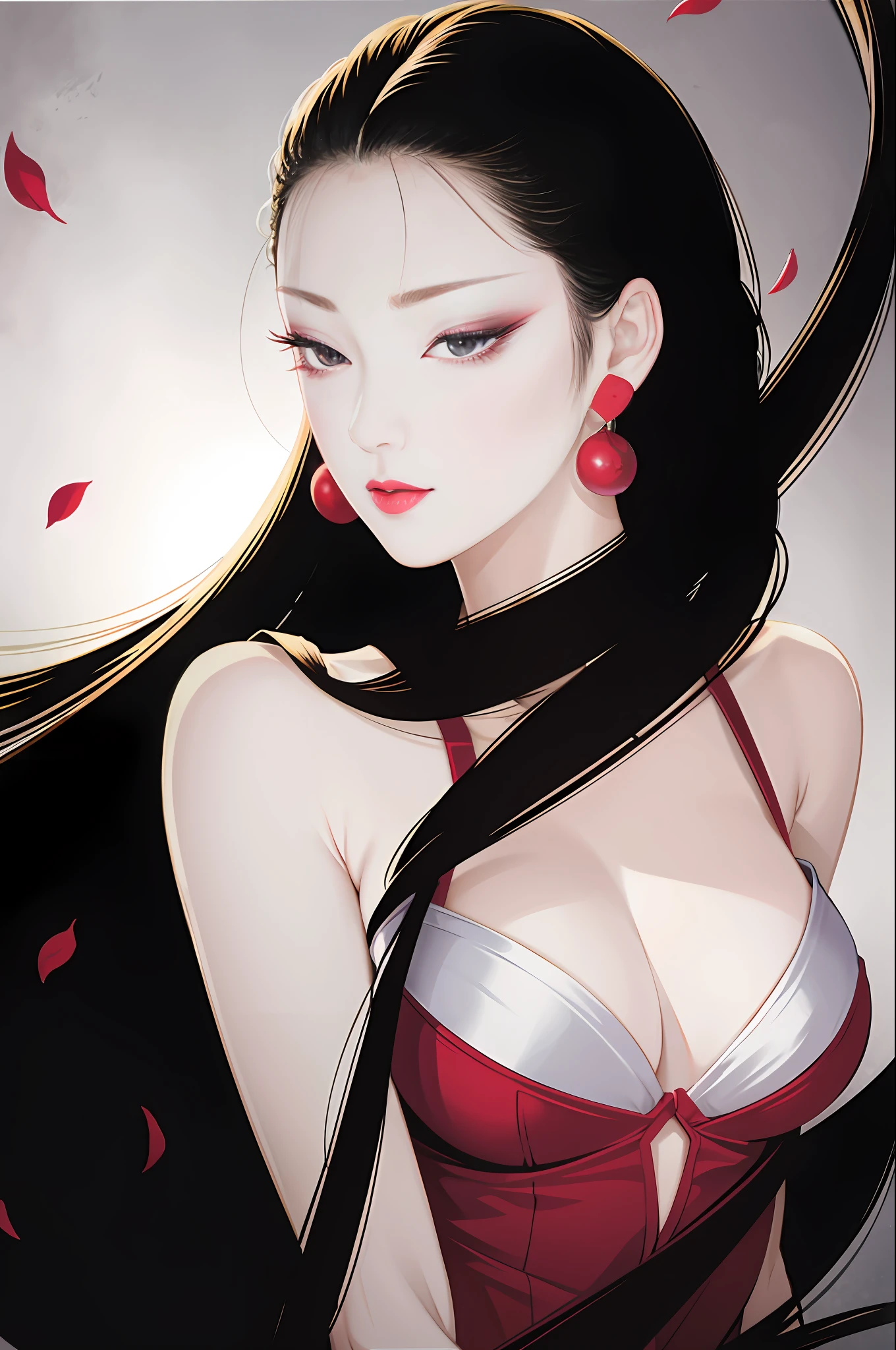 tsuruta ichiro, Narrow-eyed, 1girl in, Allback、deadpan、short-hair、shorth hair、brow、Reluctance、A dark-haired、Tucked Hair Solo, Cowgirl, Onepiece, ((mideum breasts)), Thin slit eyes、Black eyes, Light shines on the eyes、Black hair, gloves, Dress, Luxurious Jewelry, earrings, sharp eye、 elbow groves,Raise your hands and tie your hair back, random color, random color dress, Makeup for long eyes, Slender eyes、lip stick, Complex petal pattern, Rim Light, Back Light, pastel color,Studio Lighting