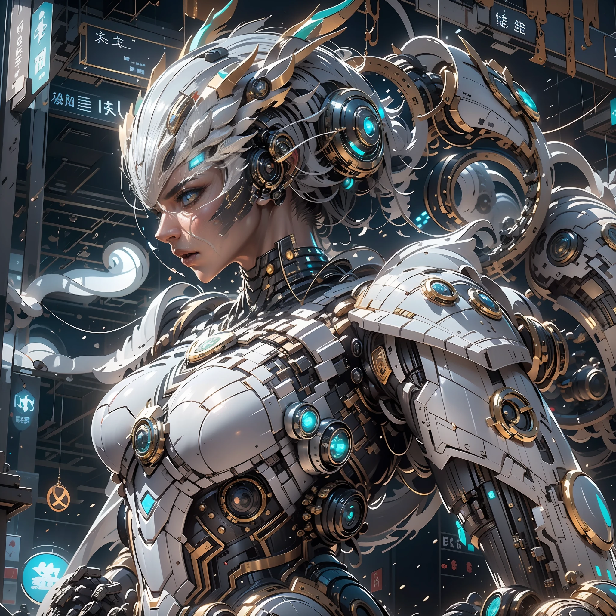 （（best qualtiy））， （（tmasterpiece））， （The is very detailed：1.3）， 3D，In Cyberpunk World，A girl in mechanical armor，holding futuristic weapons，The battle is ahead，Behind her was a medium-sized armored mech，Finally, there is a super huge mecha Oriental Dragon，hdr（HighDynamicRange），Ray traching，NVIDIA RTX，Hyper-Resolution，Unreal 5，sub surface scattering，PBR textures，Post-processing，Anisotropic filtering，depth of fields，Maximum clarity and sharpness，Many-Layer Textures，Albedo e mapas Speculares，Surface coloring，Accurately simulate light-material interactions，perfectly proportions，rendering by octane，twotonelighting，Low ISO，White balance，trichotomy，Wide aperture，8K raw data，High-Efficiency Sub-Pixel，sub-pixel convolution，Luminous Particle，