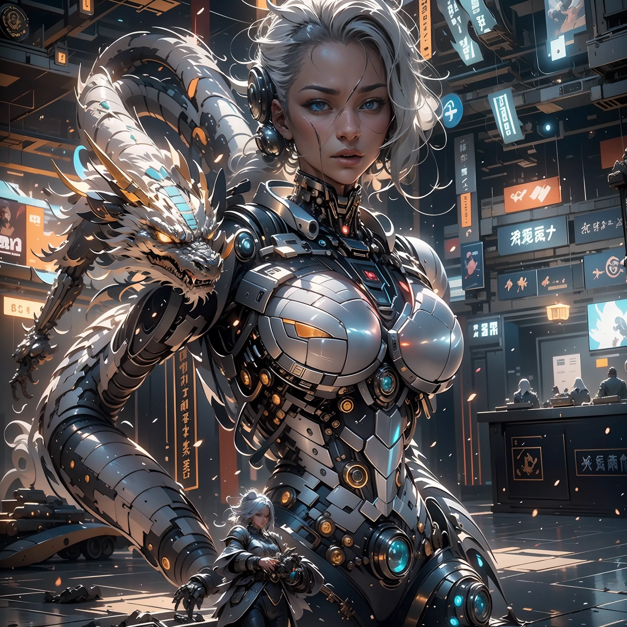 （（best qualtiy））， （（tmasterpiece））， （The is very detailed：1.3）， 3D，In Cyberpunk World，A girl in mechanical armor，holding futuristic weapons，The battle is ahead，Behind her was a medium-sized armored mech，Finally, there is a super huge mecha Oriental Dragon，hdr（HighDynamicRange），Ray traching，NVIDIA RTX，Hyper-Resolution，Unreal 5，sub surface scattering，PBR textures，Post-processing，Anisotropic filtering，depth of fields，Maximum clarity and sharpness，Many-Layer Textures，Albedo e mapas Speculares，Surface coloring，Accurately simulate light-material interactions，perfectly proportions，rendering by octane，twotonelighting，Low ISO，White balance，trichotomy，Wide aperture，8K raw data，High-Efficiency Sub-Pixel，sub-pixel convolution，Luminous Particle，