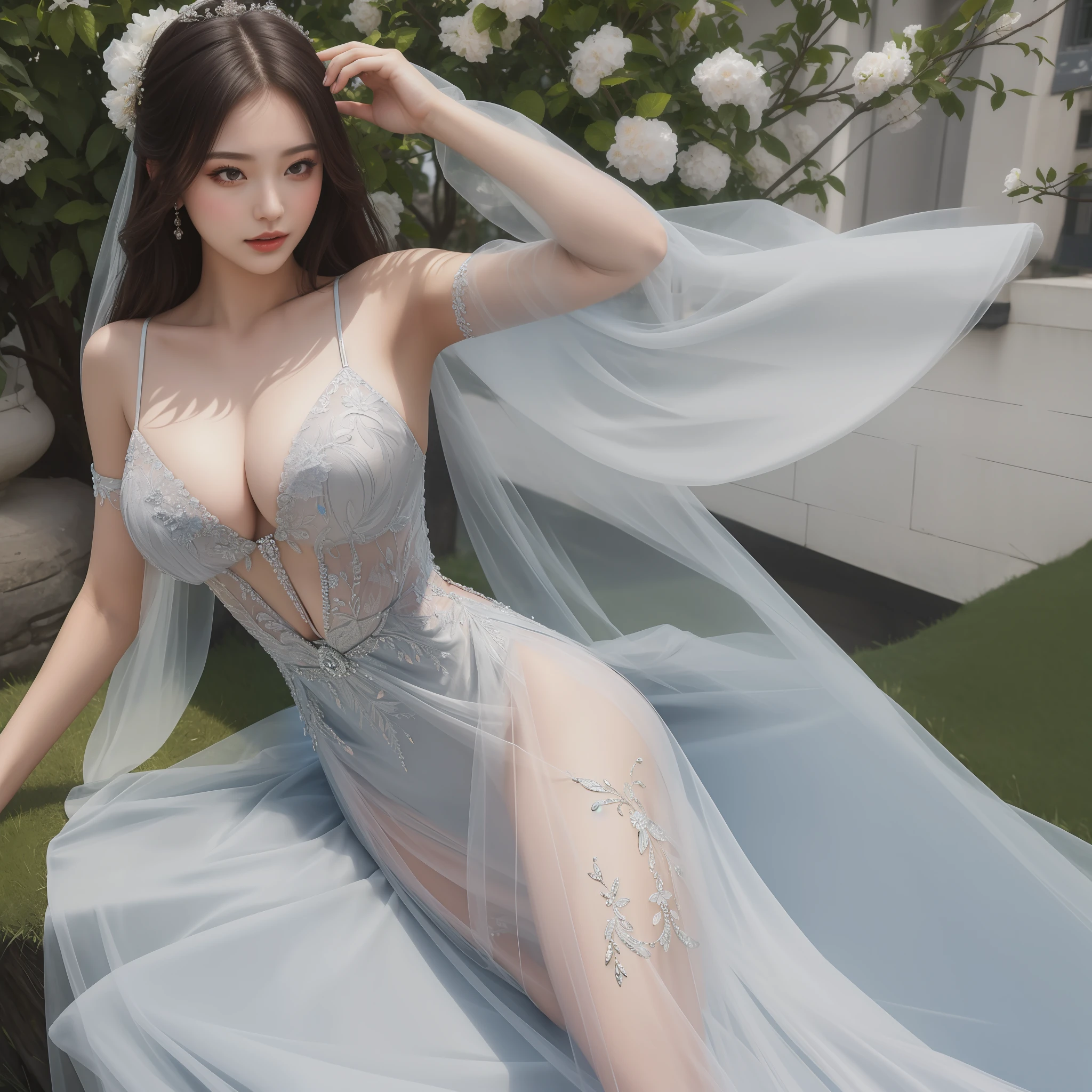 ((Masterpiece)),((best qualtiy)),8K,high detal,Ultra-detailed,Detailed and complex,1girll,Outdoors,The upper part of the body,elegant dress,dynamicposes, A MILF，Raised sexy，underdressing，Tulle covers the buttocks