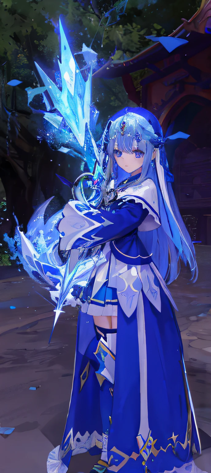 um close up de uma pessoa em um vestido azul segurando um objeto azul e branco, mago de gelo, maya ali as a lightning mage, Impacto de Ayaka Genshin, Armadura refletida da cor do gelo da lasca, Feiticeira do Gelo, armadura azul e prata gelo, Maya Ali como um Mago do Vento, aura azul, Cotton cloud mage robes, pele azul congelante, Mago Celestial Lindo