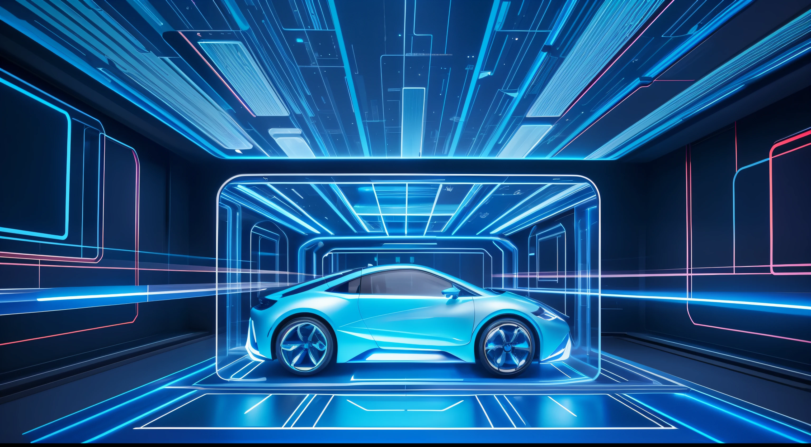 blue colors,Rich and intricate details,Futuristic style,AI-generated images of technology present visually appealing futuristic scenarios。In the foreground,Automotive holographic interfaces of transparent materials float above sleek transparent panels,Exudes a soft and ethereal glow。Holograms show complex patterns、Visualize data and vibrant colors,It represents the fusion of information and innovation。
