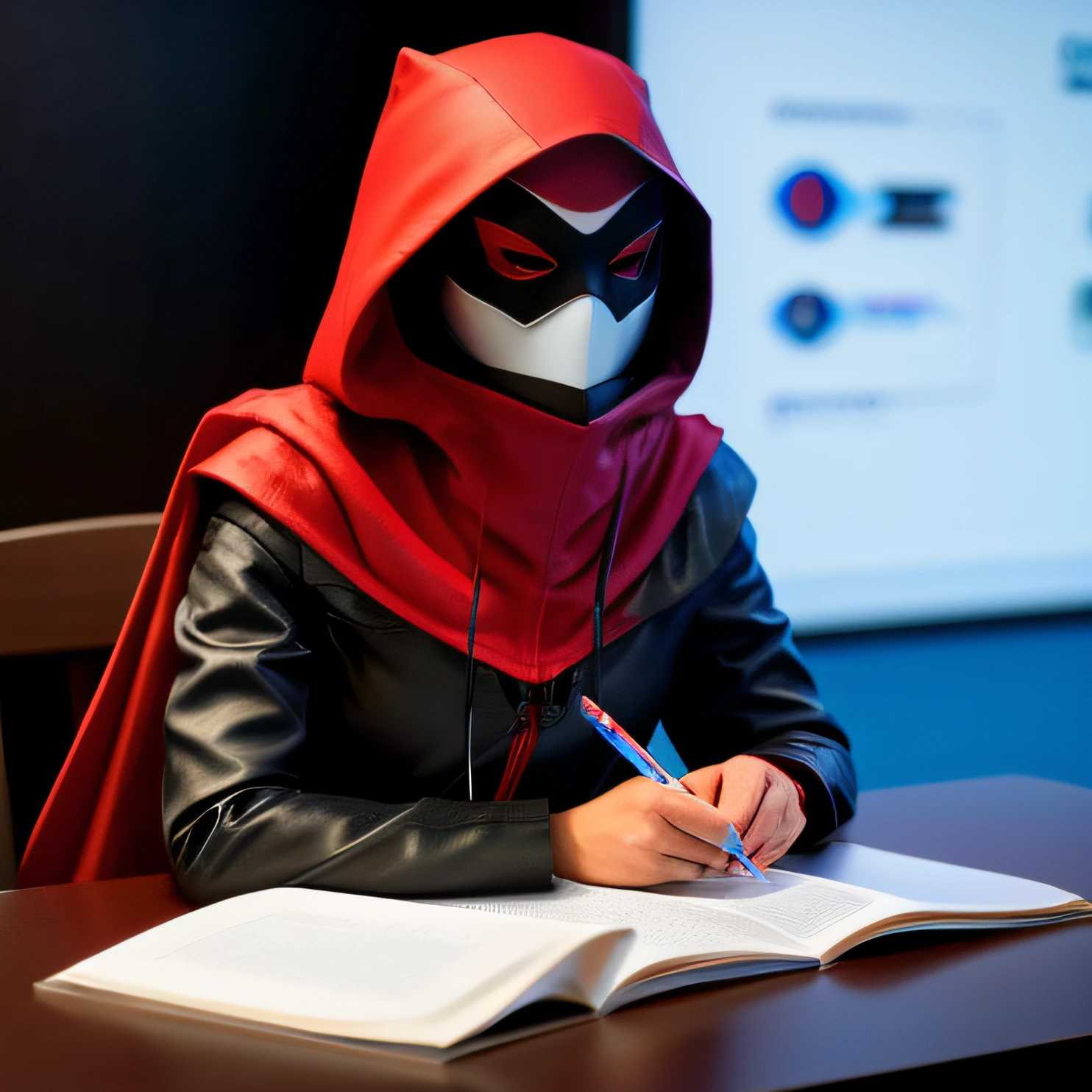 UMA MULHER PERFEITA, RED HOOD ON HEAD, COM UMA MACARA AO REDOR DOS OLHOS, COM OLHOS AZUL NEON, SITTING WITH HANDS ON THE TABLE, COMO SE ESTESSE APRESENTANDO JORNAL.