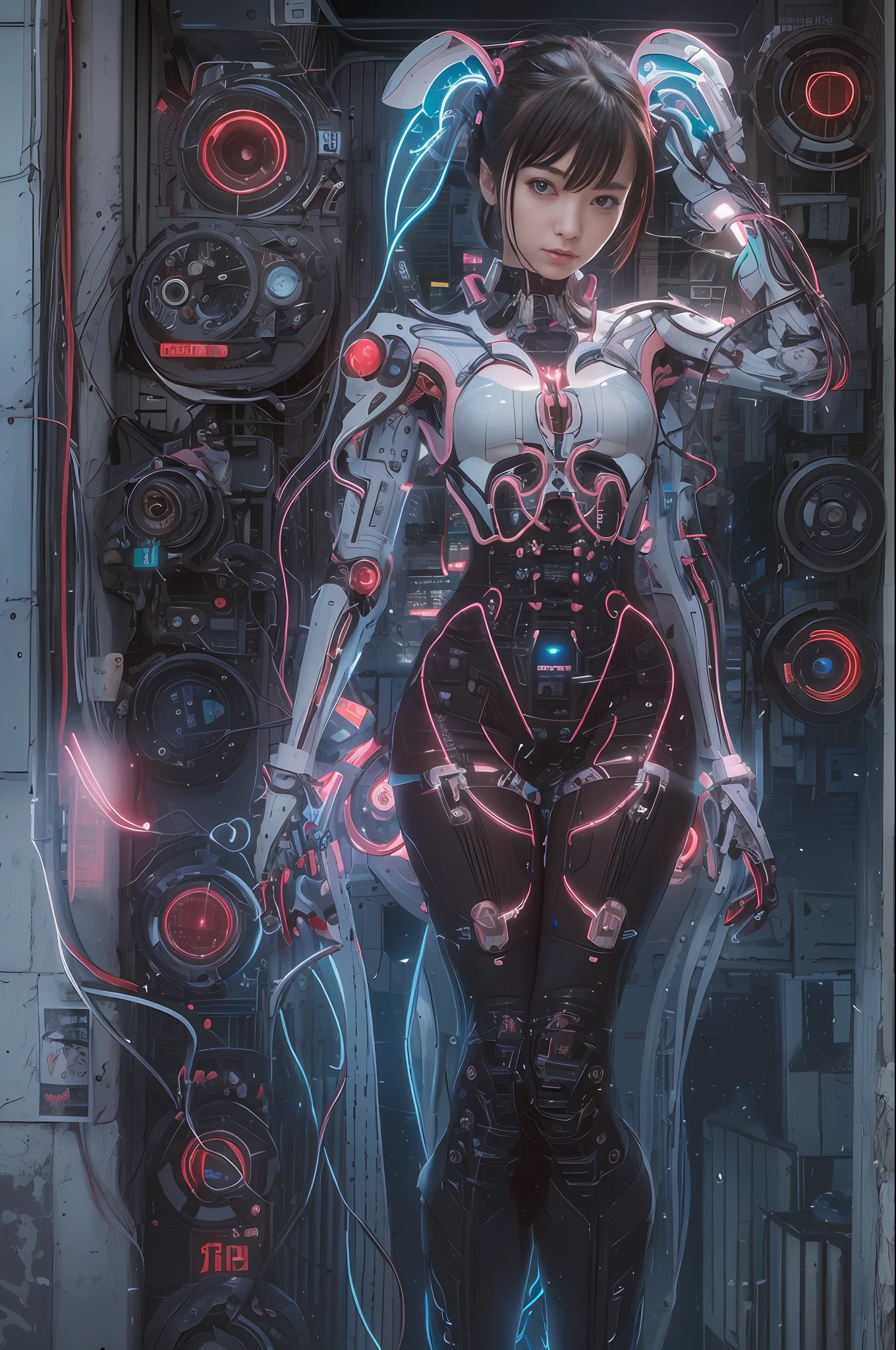 Top Quality, Masterpiece, Ultra High Resolution, ((Photorealistic: 1.4), Raw Photo, 1 Girl, Black Hair, Glossy Skin, 1 Mechanical Girl, (Ultra Realistic Details)), Global Illumination, Shadows, Octane Rendering, 8K, Ultra Sharp, Cleavage Exposed, Metal, Intricate Ornament Details, Egyptian Details, Very intricate details, realistic light, CGSoation trend, facing the camera, neon details, mechanical limbs, blood vessels connected to the tube, mechanical vertebrae attached to the back, mechanical cervical attachment to the neck, wires and cables connecting to the head, evangelion, small glowing LED lamps, (dazzling Cyberpunk cityscape in background), cinematic lighting.