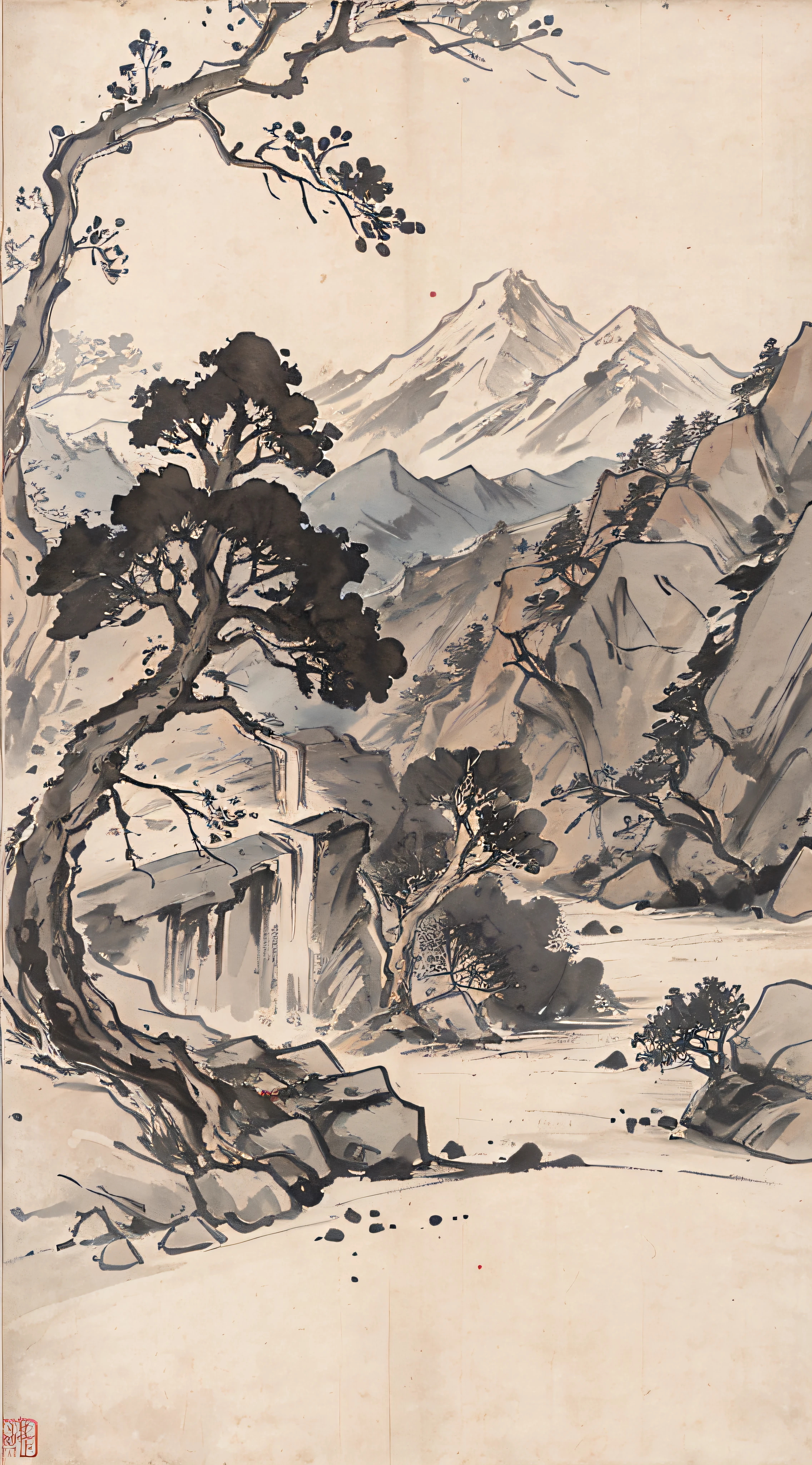 (Masterpiece, best quality: 1.2), traditional Chinese ink painting, woods, mountains, hillsides, rocks, trees, no humans