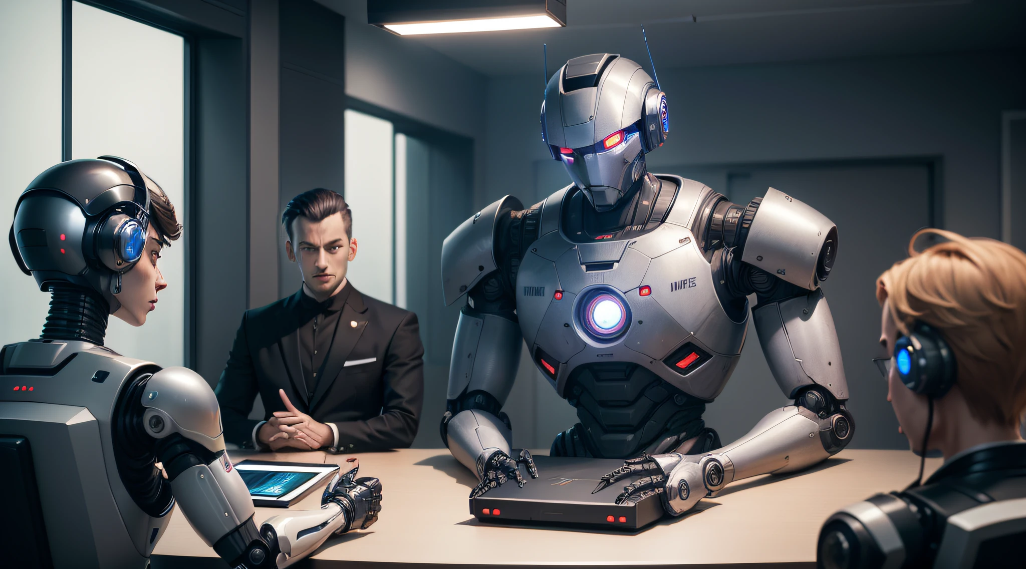 meeting room, ((Robot commands the meeting)), men in suits sitting at the table listening intently to a futuristic robot, robot is the boss, homens olham atentamente, 8k, foto realista, alta qualidade, RPG