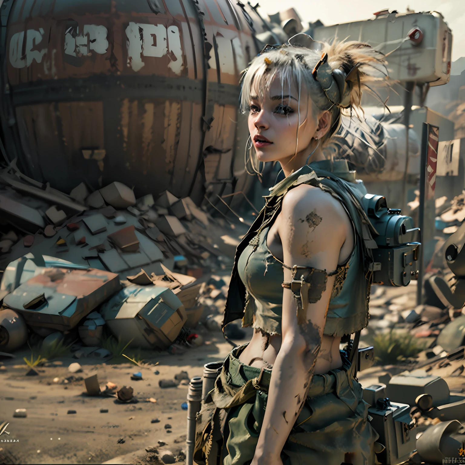 sexy, tank girl, post apocalyptic, cinematic lighting, (half body shot)