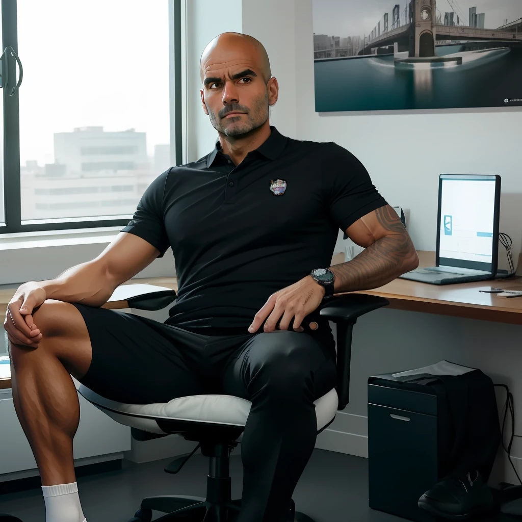 aged 40,Guardiola,,Tong,Bulge,office room,black long socks,Thin,musculature,lbeard,fortitude,artwork of a,tmasterpiece,k hd,Polo shirt,pantiess,two guys,leg wide open
