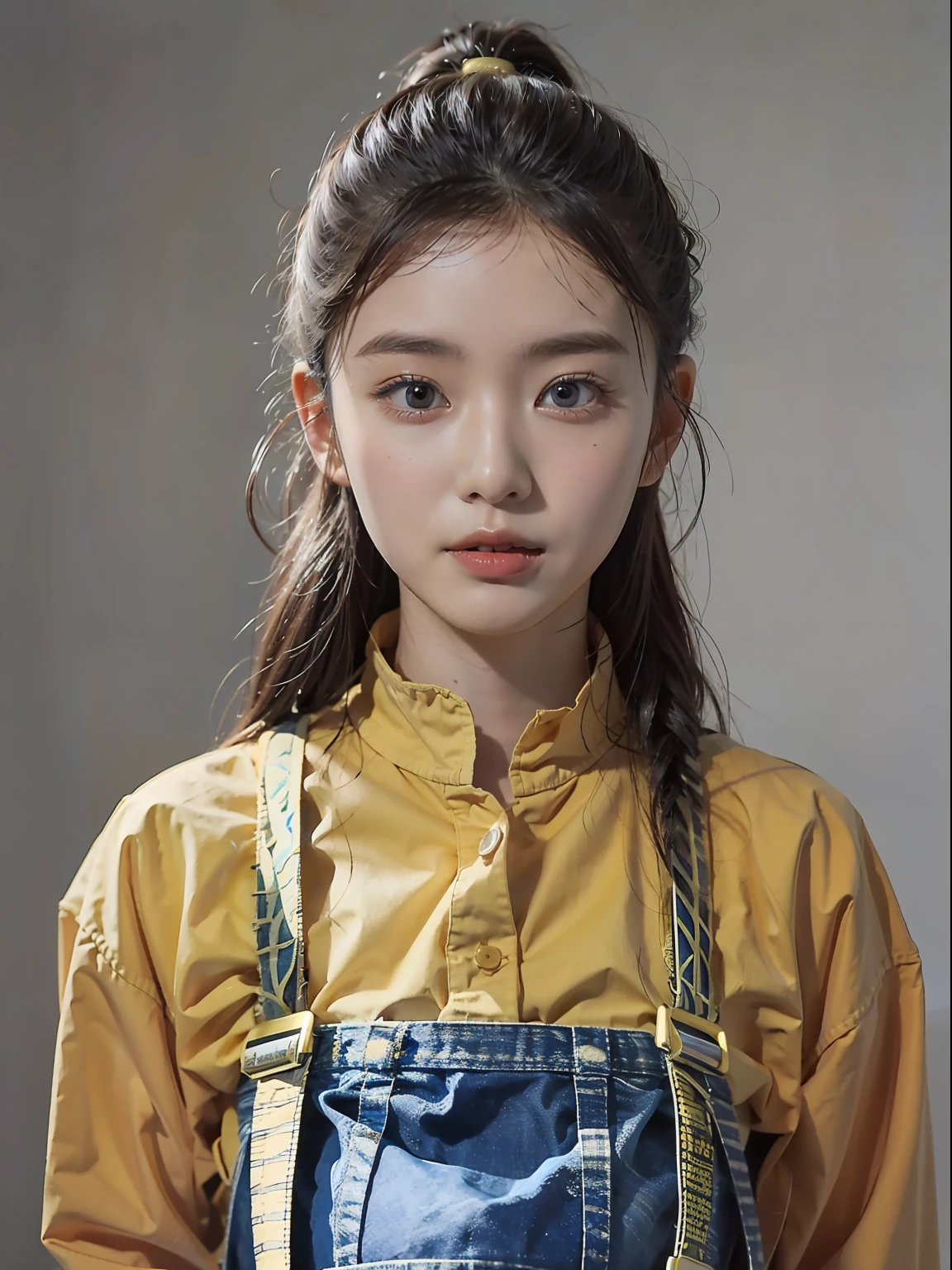 A 17-year-old female high school student,Wear a pair of denim suspenders