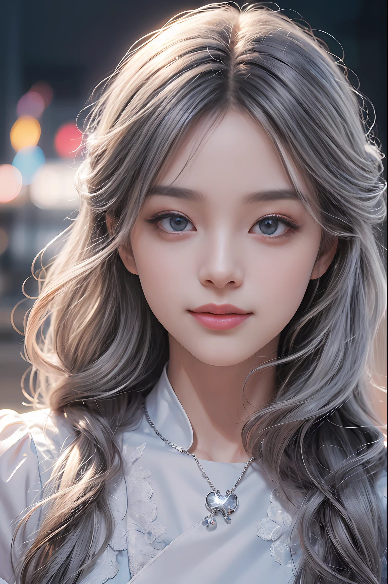 (((Kissing Face))), Frontal, ((Rape Face)), (Photorealistic: 1.4), (RAW Photo: 1.2), Masterpiece, Illustration, very_high_realistic:1.5,very_high_resolution:1.5, 1 Girl, HDR, CG, Unity, 8k Wallpaper, Amazing, Fine Details, Official Art, Highly detailed CG Unity 8k wallpaper, highest quality, ((night city background)), especially strong light, absurdity, incredibly absurd, super detailed, close-up portrait photo, high resolution, very detailed, very delicate and beautiful, intricate details, facial muscles, beautiful detailed girl, natural makeup, very detailed eyes and face, beautiful detailed eyes, shiny eyes, balanced eyes, Symmetrical pupils, highly detailed blue tinted glasses, (Thin silver frame glasses: 1.1), Highly detailed pupils, facial light, Movie lighting, Professional lighting, Photon mapping, Radiosity, Physically Based Rendering, Solo Focus, Sharp Focus, (Close-up: 1.1), Beautiful studio soft lights, rim lights, vivid details, (Silver hair: 1.2), ( Fair Skin: 1.1), White Skin, (Beautiful Korean Woman), (Eyelashes: 1.1), (Teasing Smile: 1.1), (Point of View), (View Audience: 1.4), Very Delicate and Beautiful, Hyper-Realistic, Official Art、、、 Huge File Size, (Short Sleeves: 1.1), Cute, (aegyo Sal: 1.1), Puffy Eyes,