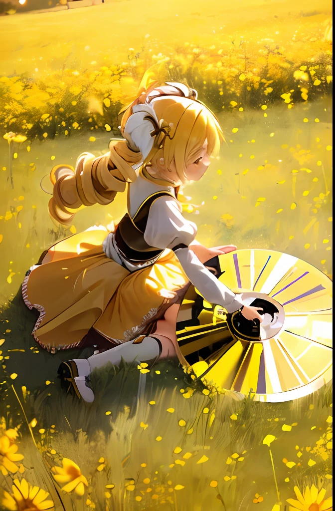 1girl, from_above, solo, A solo shot featuring Mami Tomoe, (detailed reflective anime style eyes), yellow skirt, golden hour, detailed textures, sitting in a \(field of yellow flowers outdoors\), posing, casual pose, aesthetic, intricate, light rays, sunlight, bokeh, sparkle, shimmer, glitter, sharp focus, a DJ, showcasing her skills on the turntables at a rave.