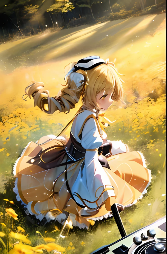 1girl, from_above, solo, A solo shot featuring Mami Tomoe, (detailed reflective anime style eyes), yellow skirt, golden hour, detailed textures, sitting in a \(field of yellow flowers outdoors\), posing, casual pose, aesthetic, intricate, light rays, sunlight, bokeh, sparkle, shimmer, glitter, sharp focus, a DJ, showcasing her skills on the turntables at a rave.