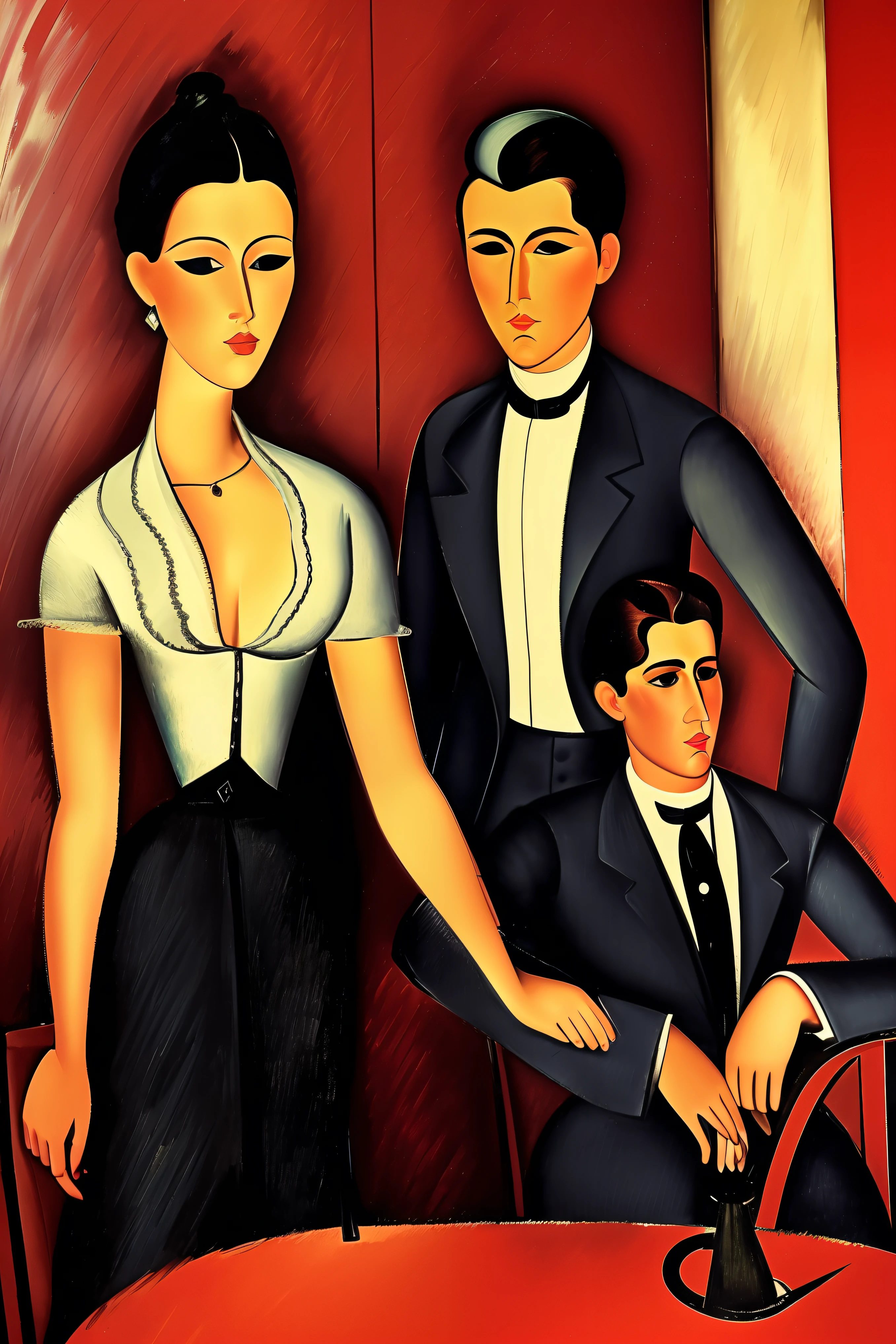 a party in a Paris lounge restaurant in the early 20th century, los invitados son  ((characters from the works of Amedeo Modigliani represented standing or sitting according to the composition of the image to be generated ))cinematography lighting, ultra detallado, Pintura digital, Artstation, arte conceptual, Suave, foco nítido, illustration, (piel alta y detallada:1.2), 8k UHD, DSLR, Soft lighting, alta calidad, Film grain, Fujifilm XT3 mix4 Wildstyle RAW foto,