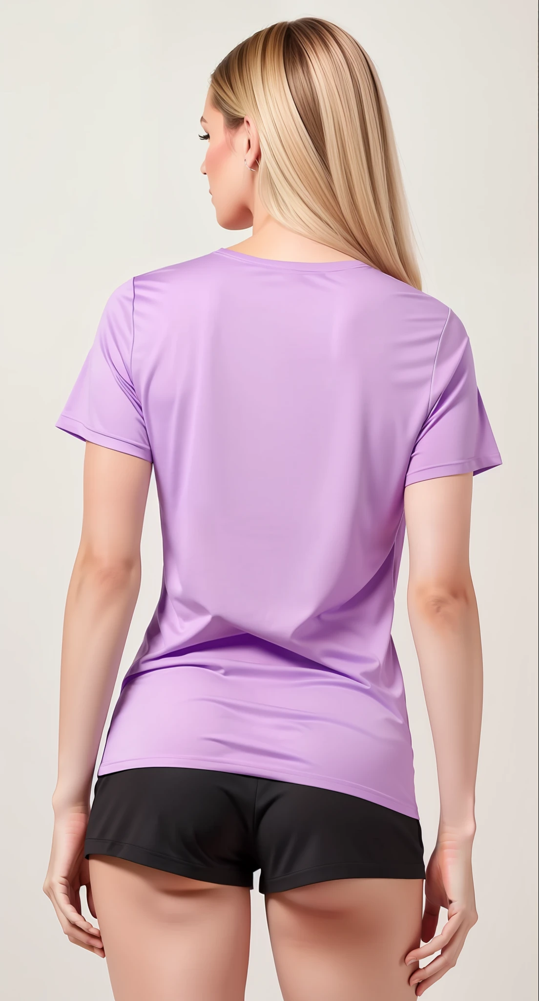 A woman in a purple shirt and black shorts standing, Back view, voltar - ver, camiseta de cor violeta, from the back, from the back, tiro pelas costas, seen from back, back view also, view of the back, viewed from behind, Backview, distant full body view, leve sangramento de cor, camiseta molhada, view from behind