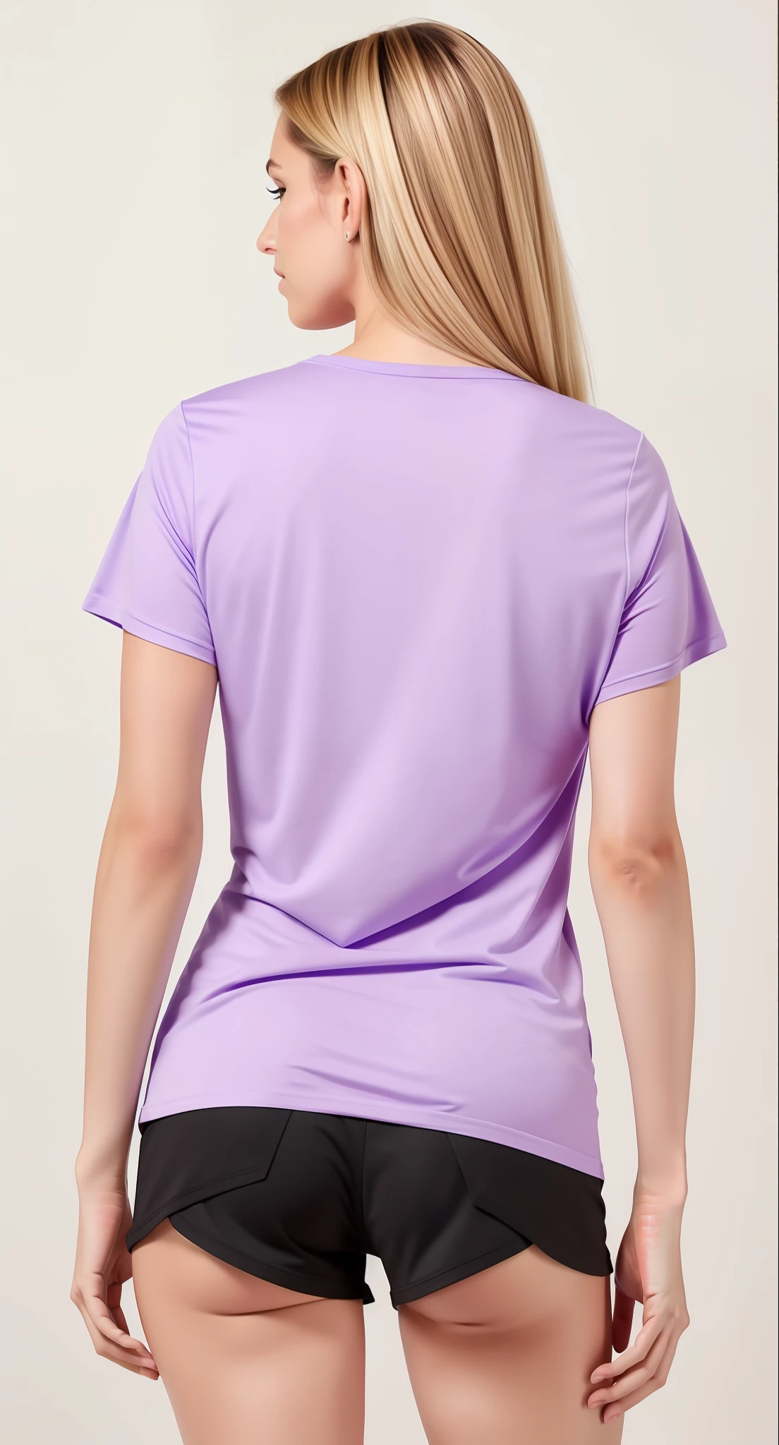 A woman in a purple shirt and black shorts standing, Back view, voltar - ver, camiseta de cor violeta, from the back, from the back, tiro pelas costas, seen from back, back view also, view of the back, viewed from behind, Backview, distant full body view, leve sangramento de cor, camiseta molhada, view from behind