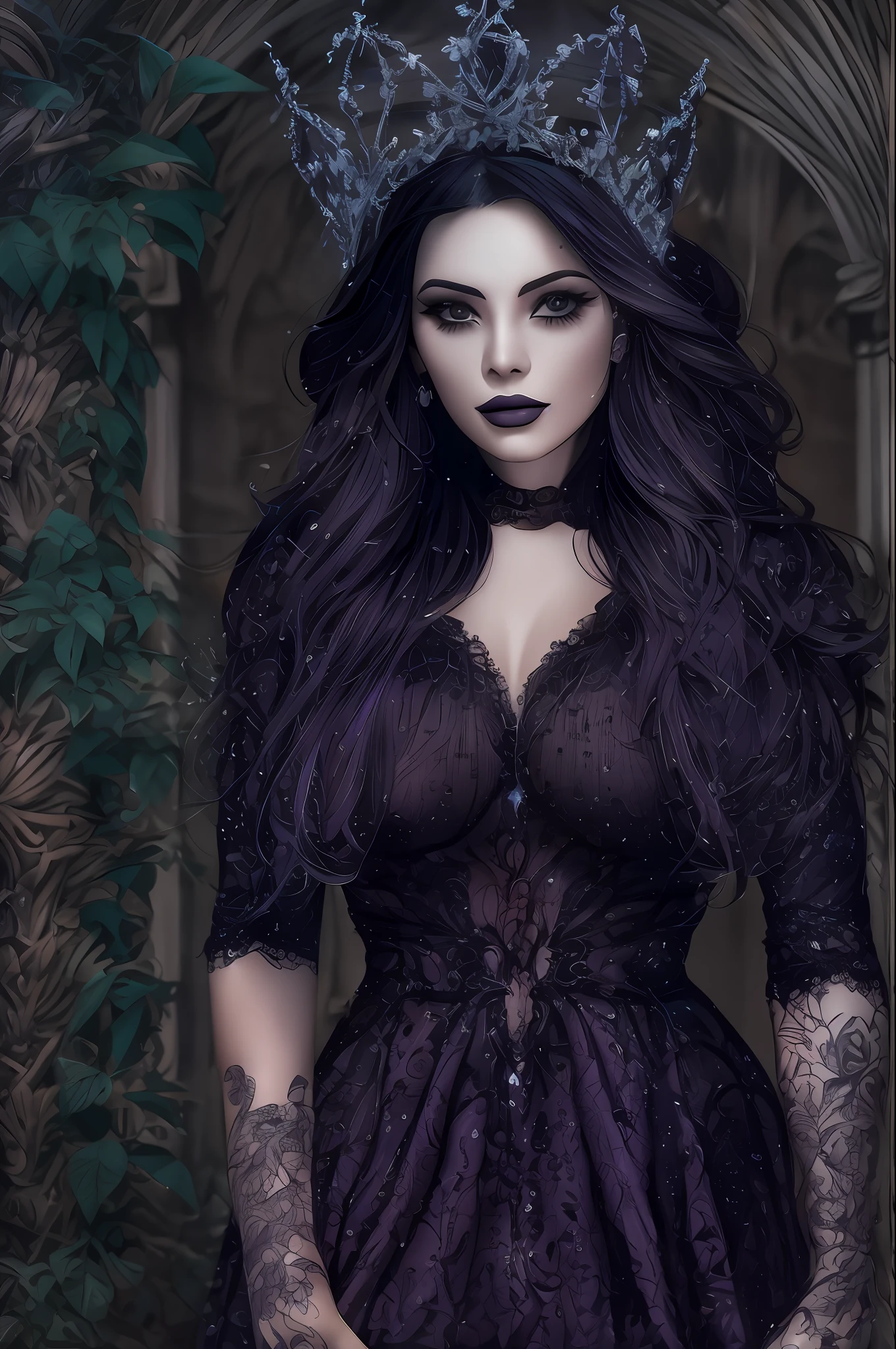 bela mulher tatuada, cabelos curtos preto, corpo inteiro, Gothic purple and black dress, luvas de rena preta, On his neck a crown of void, gotic, belissimo, mais alta qualidade, 8k, ao fundo uma floresta escura, com borboletas iluminadas