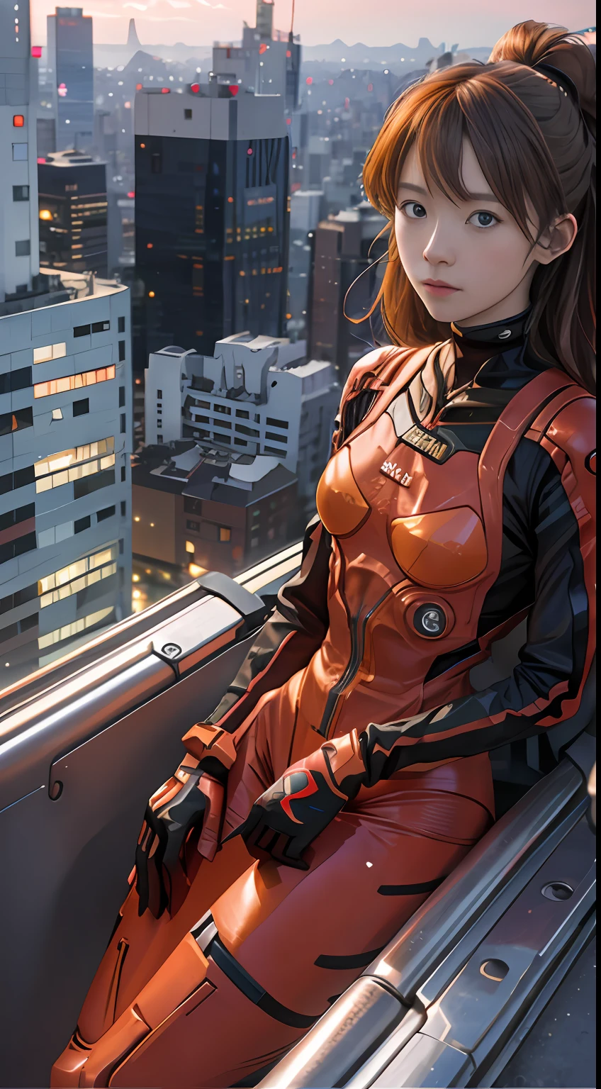 Asuka, 1 girl, driving suit, modern city, city rooftop side, dusk, depth of field, mountain, dusk light, cloud, 8k, best quality, proud expression, serious expression