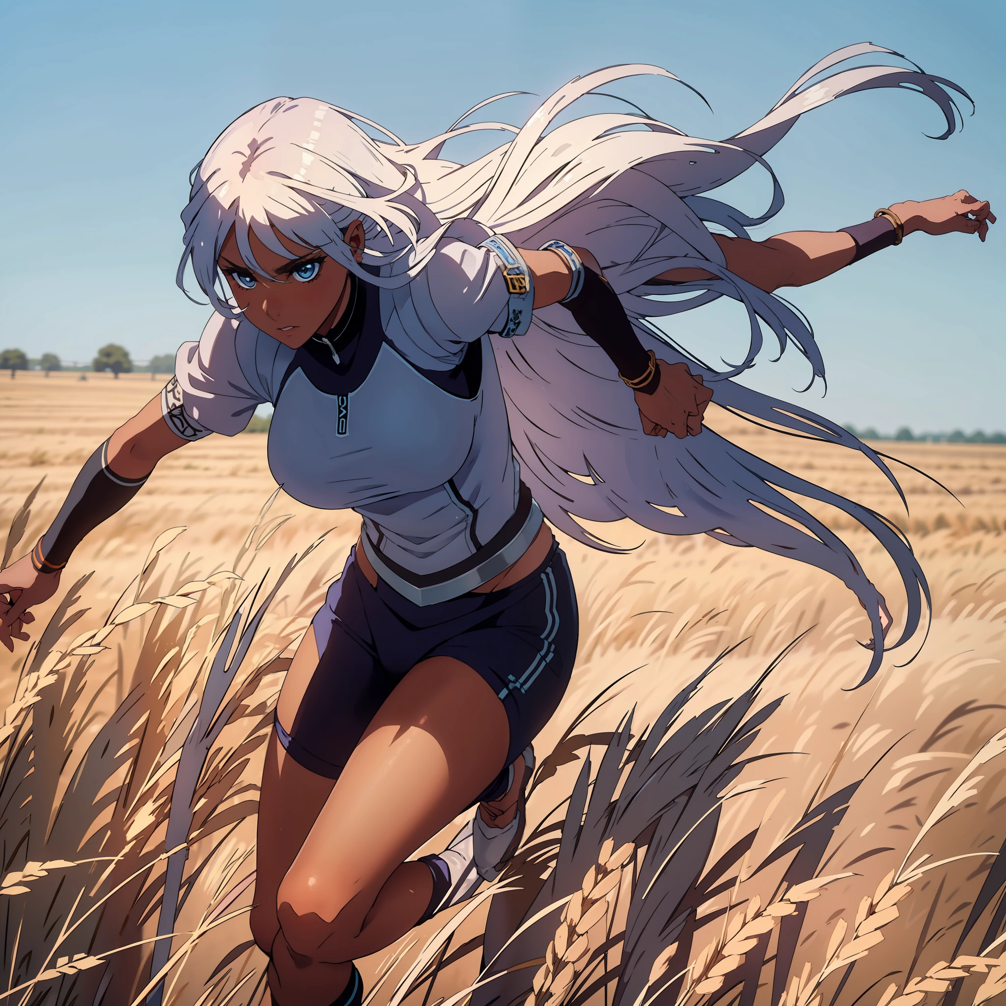 Una guerrera corriendo con los brazos extendidos y una espada en cada mano. Run quickly through a field of grain.. Tiene el pelo largo y suelto, Lleva armadura de cuero grueso y madera.