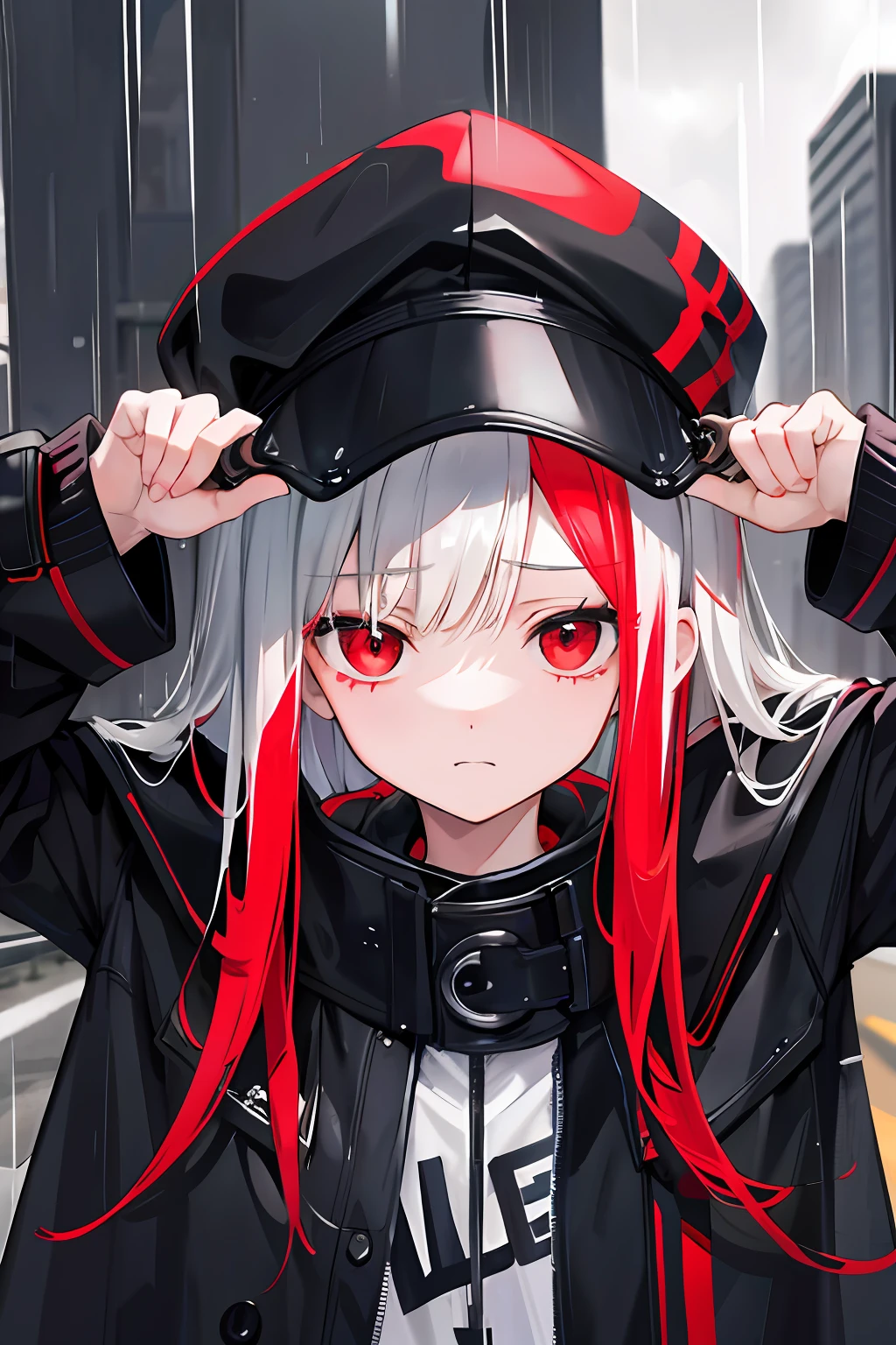 s girl,adolable,Beth,whaite hair,red - eyed,Dark style,Depressive,Unhappy,On the road in the middle,In the rain,overcast day,A sad face with his head down,black and red jacket,Booties,Black hat,frontage,I want to cry。