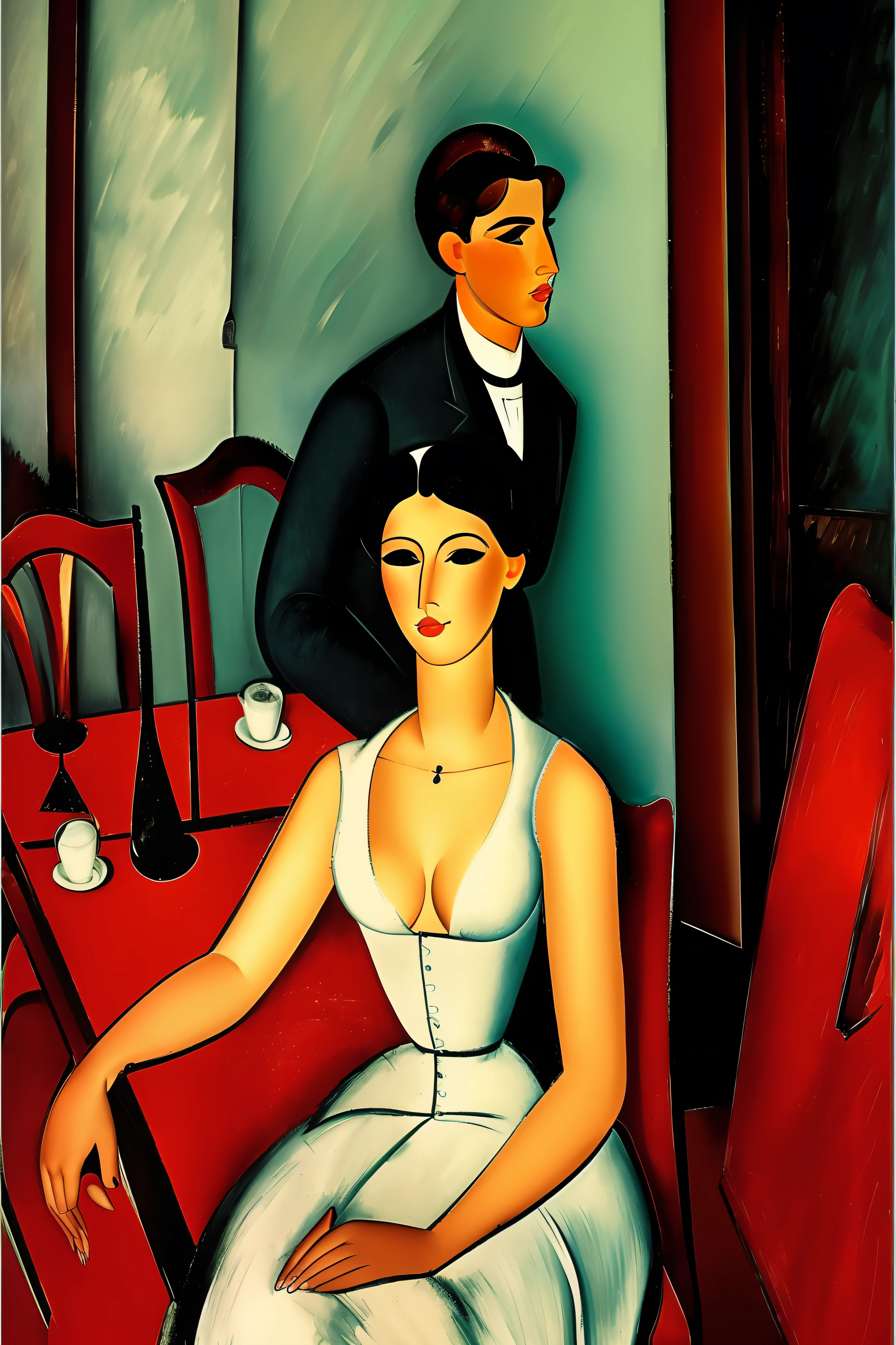 a party in a Paris lounge restaurant in the early 20th century, los invitados son  ((characters from the works of Amedeo Modigliani represented standing or sitting according to the composition of the image to be generated ))cinematography lighting, ultra detallado, Pintura digital, Artstation, arte conceptual, Suave, foco nítido, illustration, (piel alta y detallada:1.2), 8k UHD, DSLR, Soft lighting, alta calidad, Film grain, Fujifilm XT3 mix4 Wildstyle RAW foto,