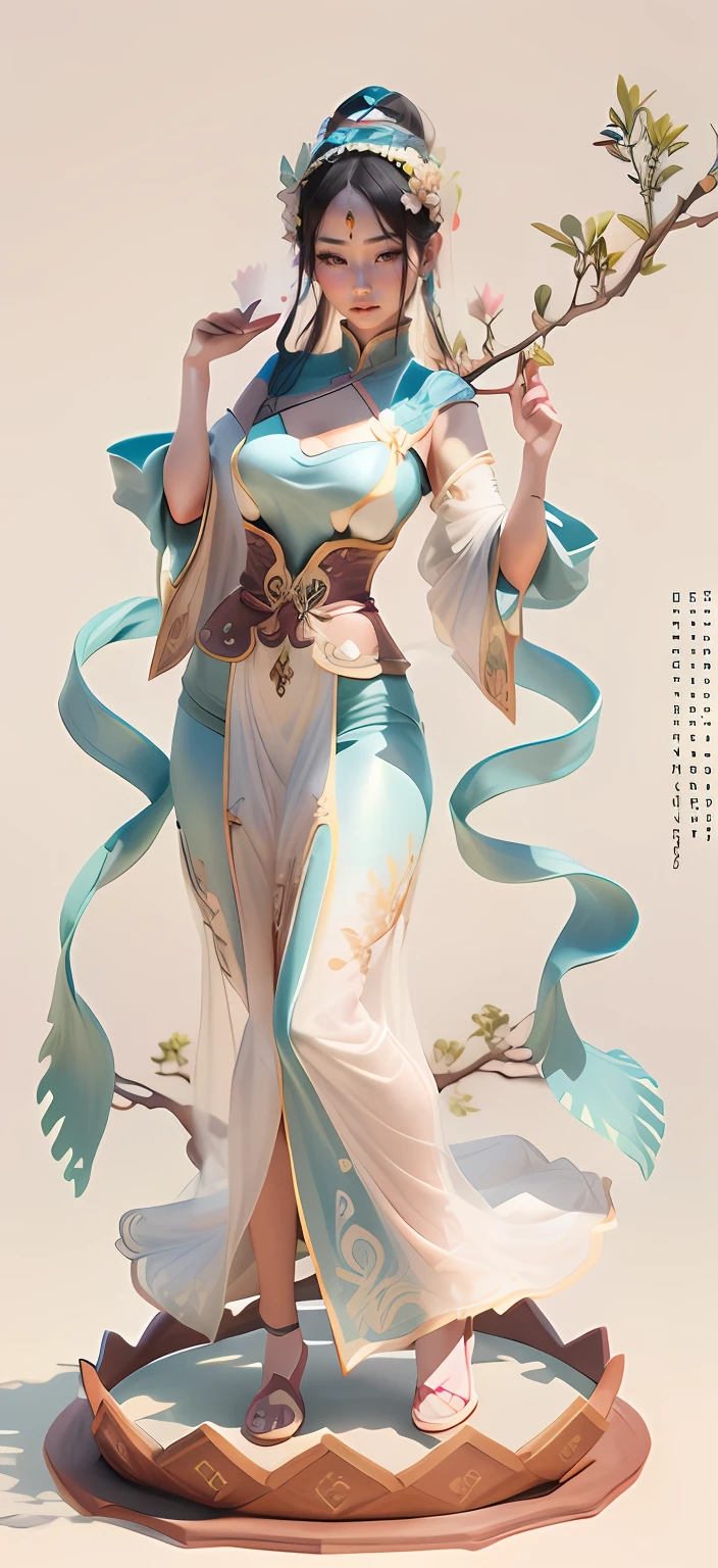 Dunhuang statues in China,3D style,Delicate and beautiful depiction,Soft light and shadow,Gorgeous silk costumes,The jewelry set is gorgeous,Holding an elegant willow branch,Step onto the multicolored lotus platform,The characters are kind-hearted