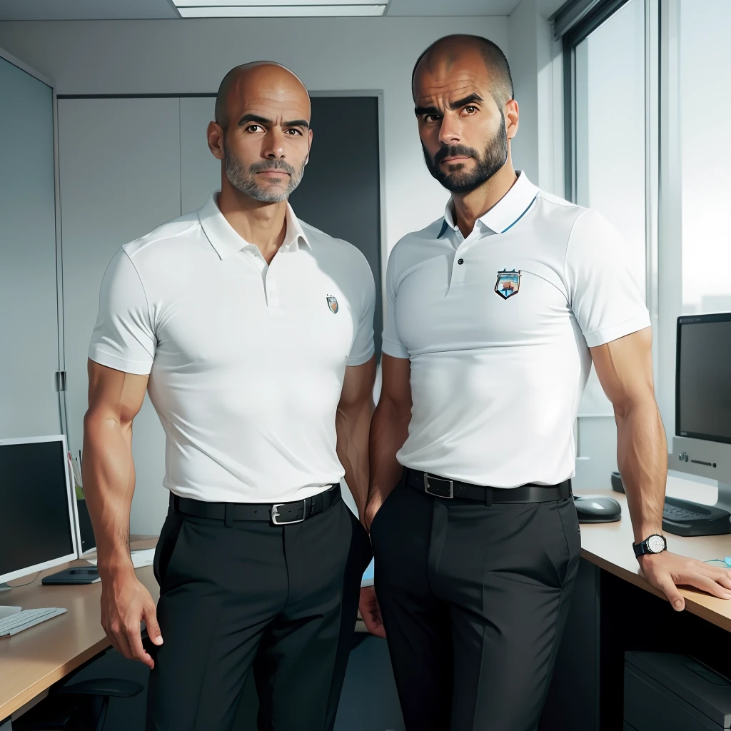 aged 40,Guardiola,,Tong,Bulge,office room,black long socks,Thin,musculature,lbeard,fortitude,artwork of a,tmasterpiece,k hd,White polo shirt,pantiess,two guys