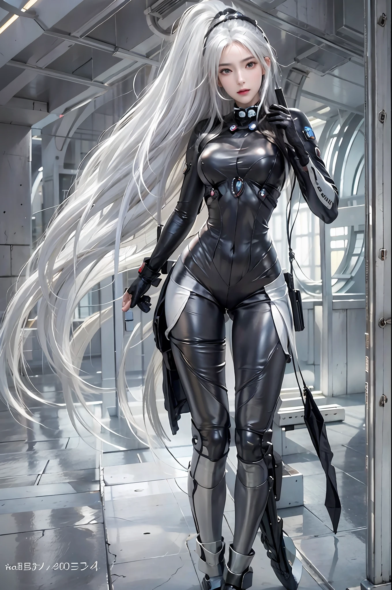 photorealistic, high resolution, 1women, solo, hips up, look at viewer, (detailed face), white hair, long hair, gantz, reika\(bodysuit\)
