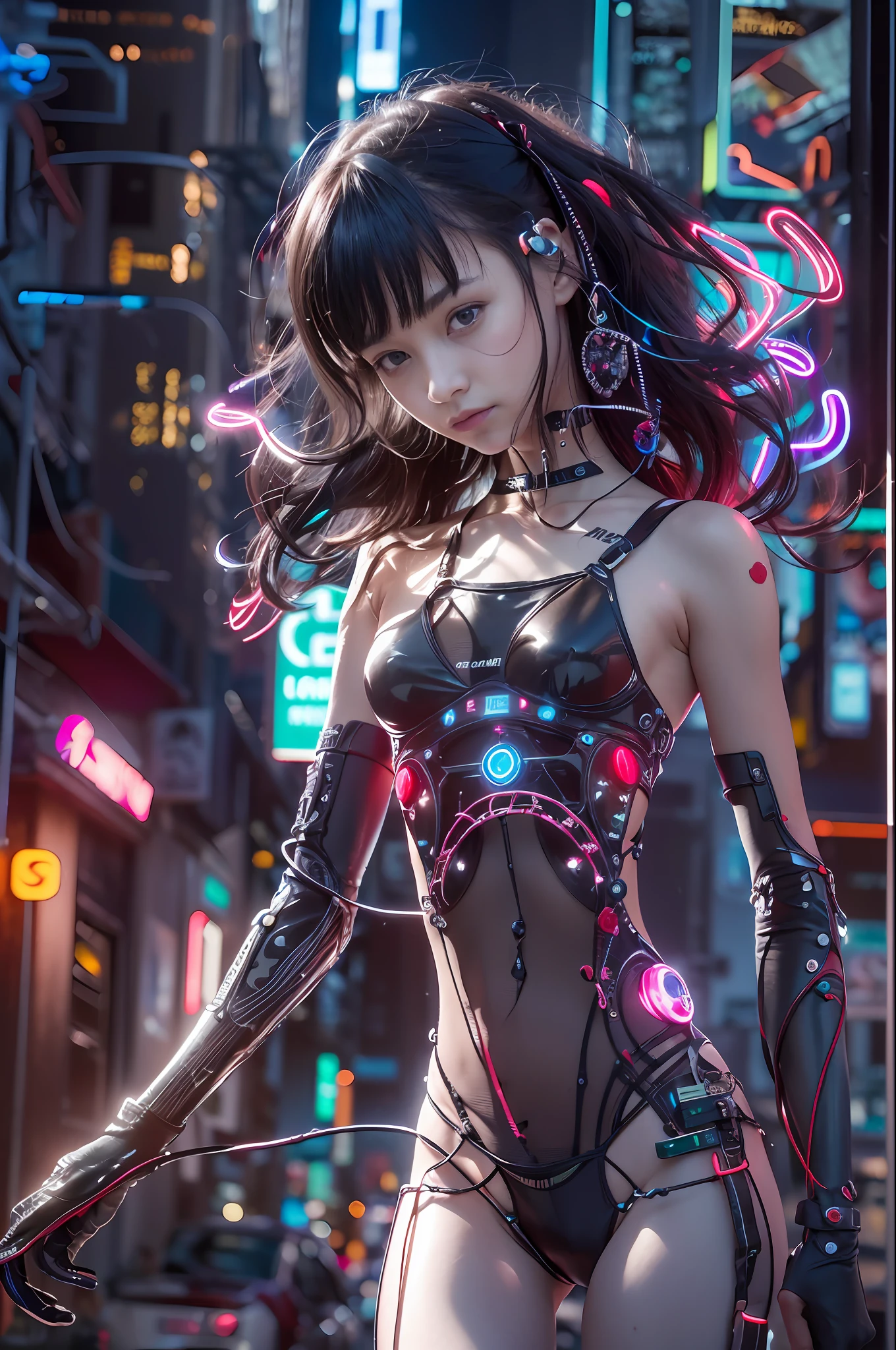 Top Quality, Masterpiece, Ultra High Resolution, ((Photorealistic: 1.4), Raw Photo, 1 Girl, Black Hair, Glossy Skin, 1 Mechanical Girl, (Ultra Realistic Details)), Global Illumination, Shadows, Octane Rendering, 8K, Ultra Sharp, Cleavage Exposed, Metal, Intricate Ornament Details, Egyptian Details, Very intricate details, realistic light, CGSoation trend, facing the camera, neon details, mechanical limbs, blood vessels connected to the tube, mechanical vertebrae attached to the back, mechanical cervical attachment to the neck, wires and cables connecting to the head, evangelion, small glowing LED lamps, (dazzling Cyberpunk cityscape in background).