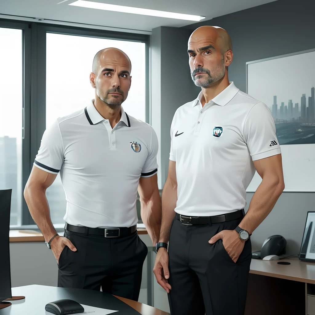 aged 40，Guardiola，，Tong，Bulge，office room，black long socks，Thin，musculature，lbeard，fortitude，artwork of a，tmasterpiece，k hd，White polo shirt，pantiess，two guys