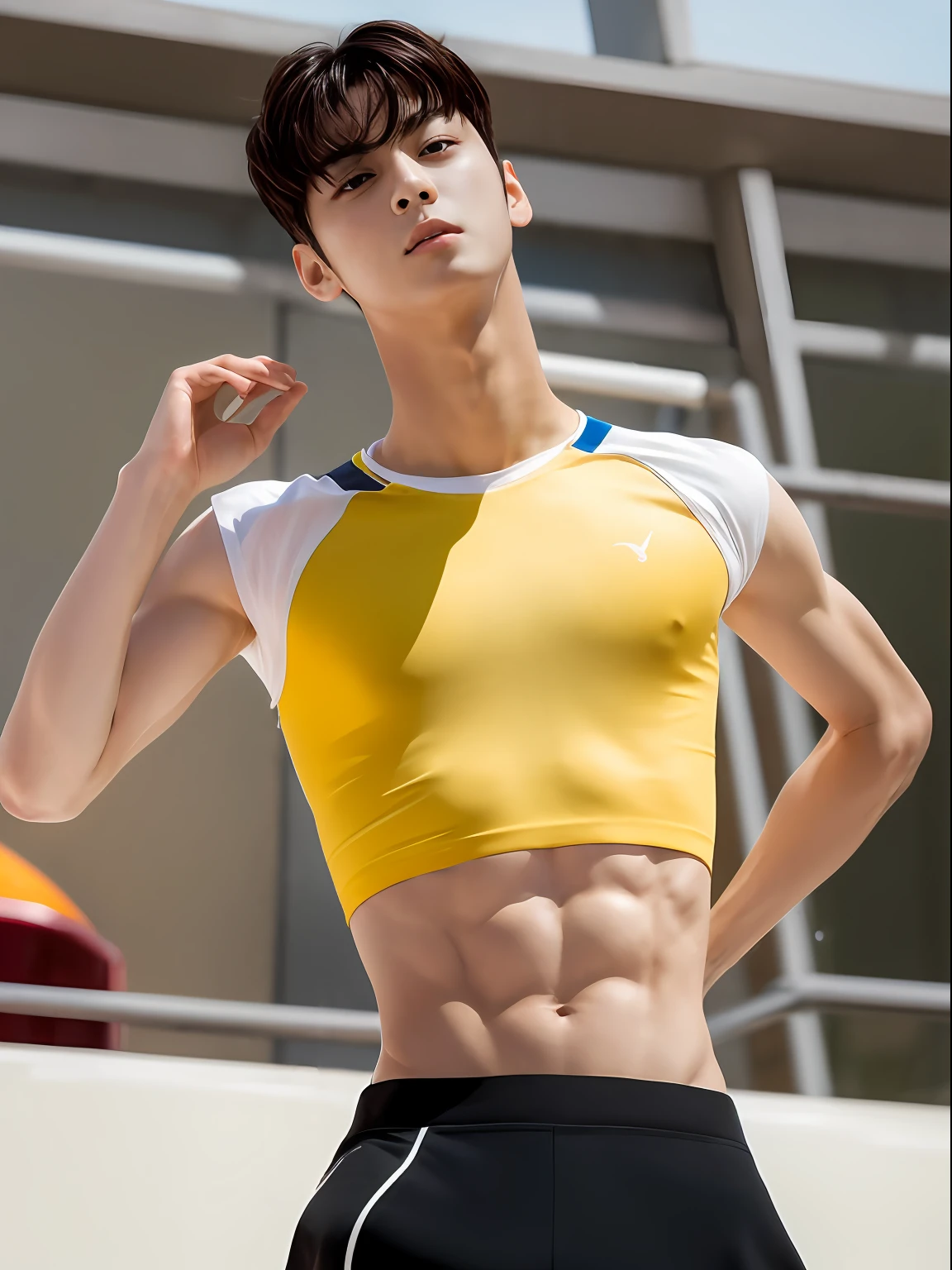 top quality, ultra high resolution, (photorealistic: 1.4), Cha eun woo, yellow croptop, dynamic angles, handsome, perfect face, perfect body, natural light, raw, detailed, best quality, 8k