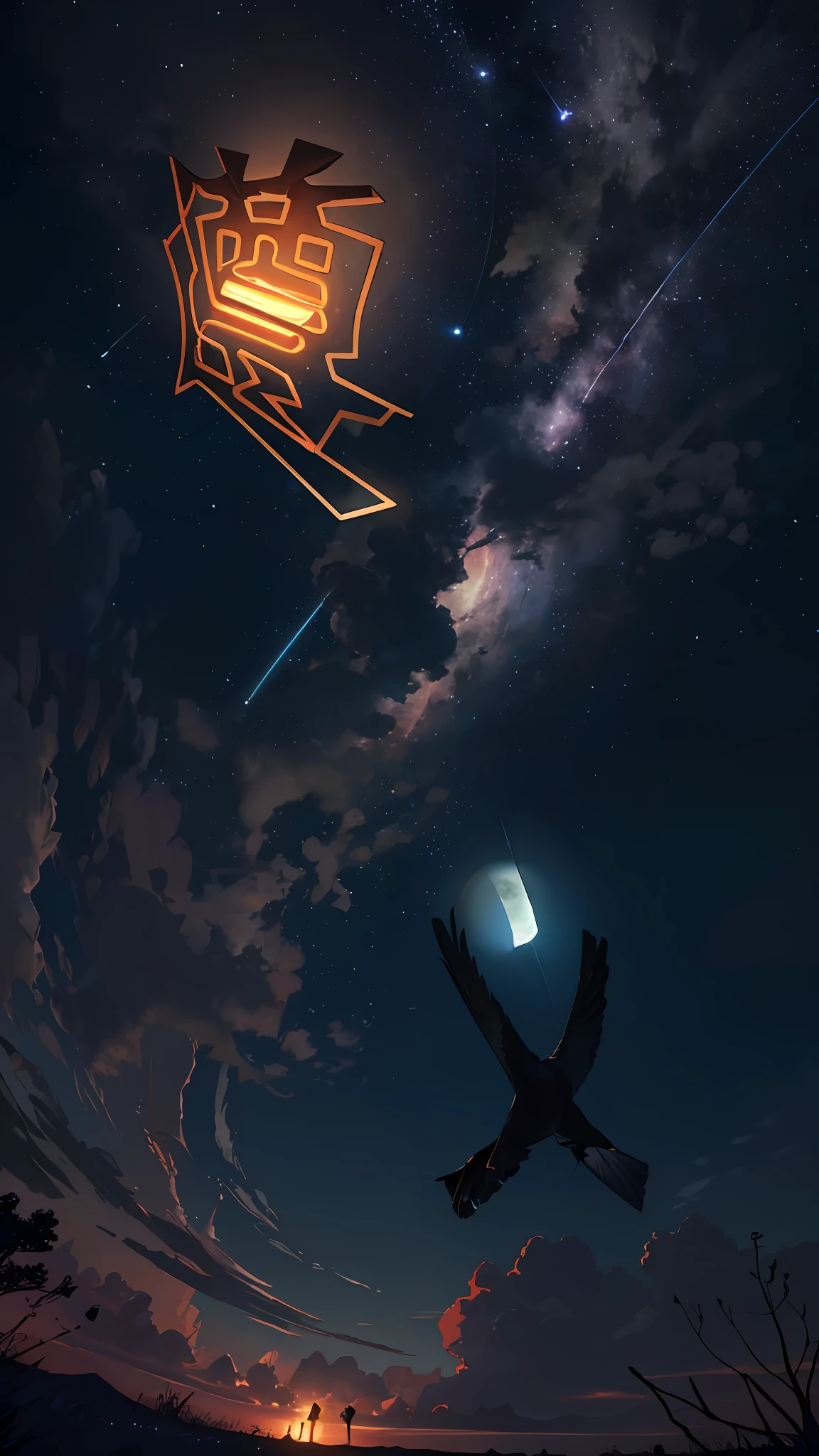 expansive landscape photography, (a view from below showing the sky above and the open field below), a wolf in a field of flowers looking up, (full moon: 1.2), (shooting stars: 0.9), (nebula: 1.3), distant mountain, Tree BREAK production art, (warm light source: 1.2), (Firefly: 1.2), lamp, lots of purple and orange, intricate details, volumetric lighting, BREAK realism (masterpiece: 1.2), (best quality), 4k, ultra-detailed, (dynamic composition: 1.4), very detailed, colorful details, (iridescent colors: 1.2), (bright lighting, atmospheric lighting), dreamy, magical, (only: 1.2)