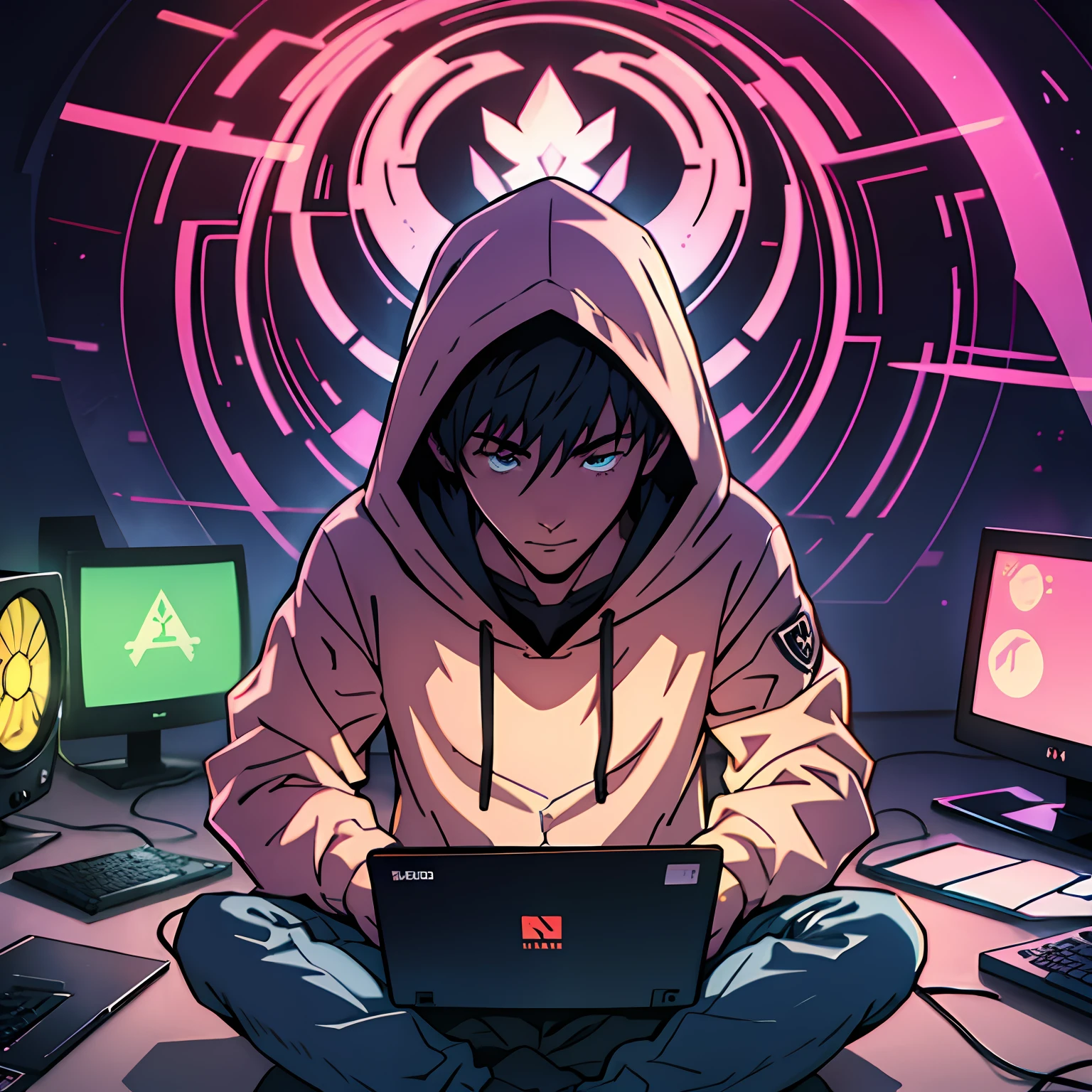 Cartoon of a hooded male gamer in a colorful LED lit room, sitting in the middle of the picture with a laptop face to him