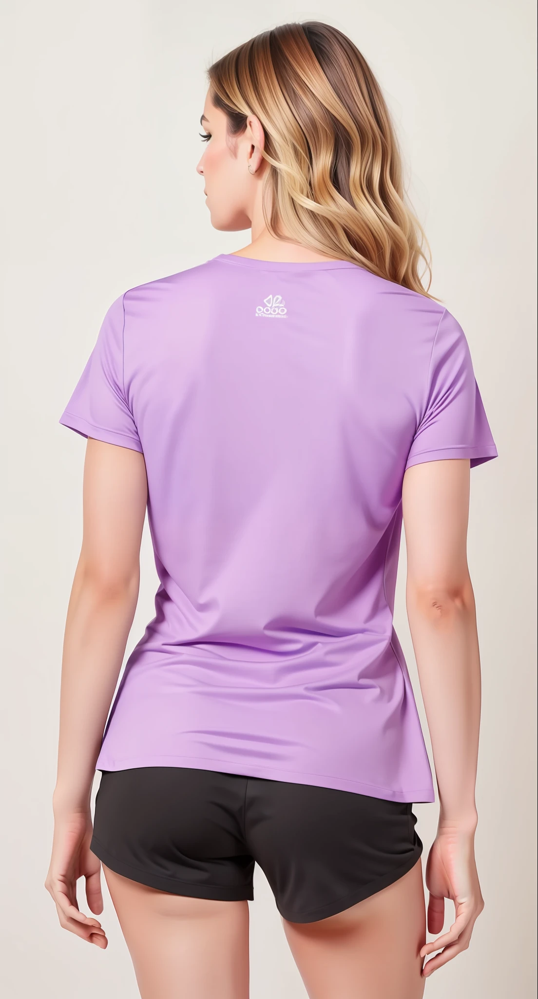 a gorgeous woman with wavy Brown hair in purple shirt and black shorts standing up, Back view, voltar - ver, - Camiseta na cor violeta, from the back, from the back, tiro pelas costas, seen from back, back view also, view of the back, viewed from behind, Backview, distant full body view, leve sangramento de cor, camiseta molhada, view from behind