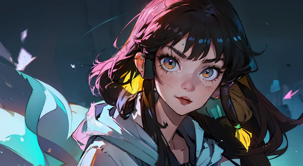 ((Super Detail Face, higly detailed)),(Create a girl with long disheveled black hair and yellow eyes in a white cloak), Looking at a bright computer screen, Concentrated expression,Smiling, gamer,, monitor, night time, Good Quality, perfect anatomy, 8K, Masterpiece, by (Holax), Long hair, messy hair, Neon, earphones, ciberpunk, neon purple, neon yellow, Neon blue, Cyberwave, Best Character Design