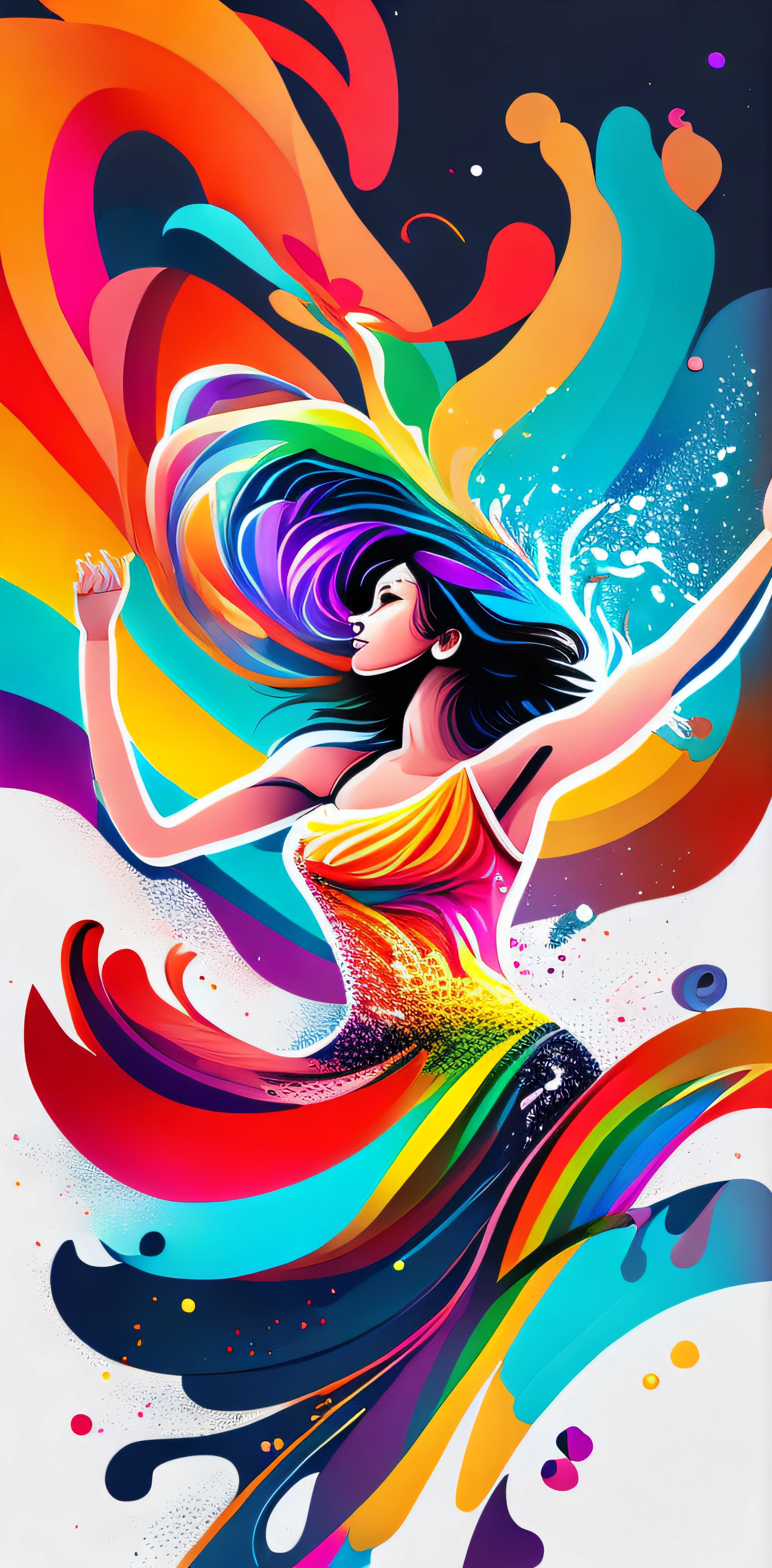 abstract rainbow dancing Zumba girl facing the camera, wallpaper, flat design style, splash water, colorful, intricate,