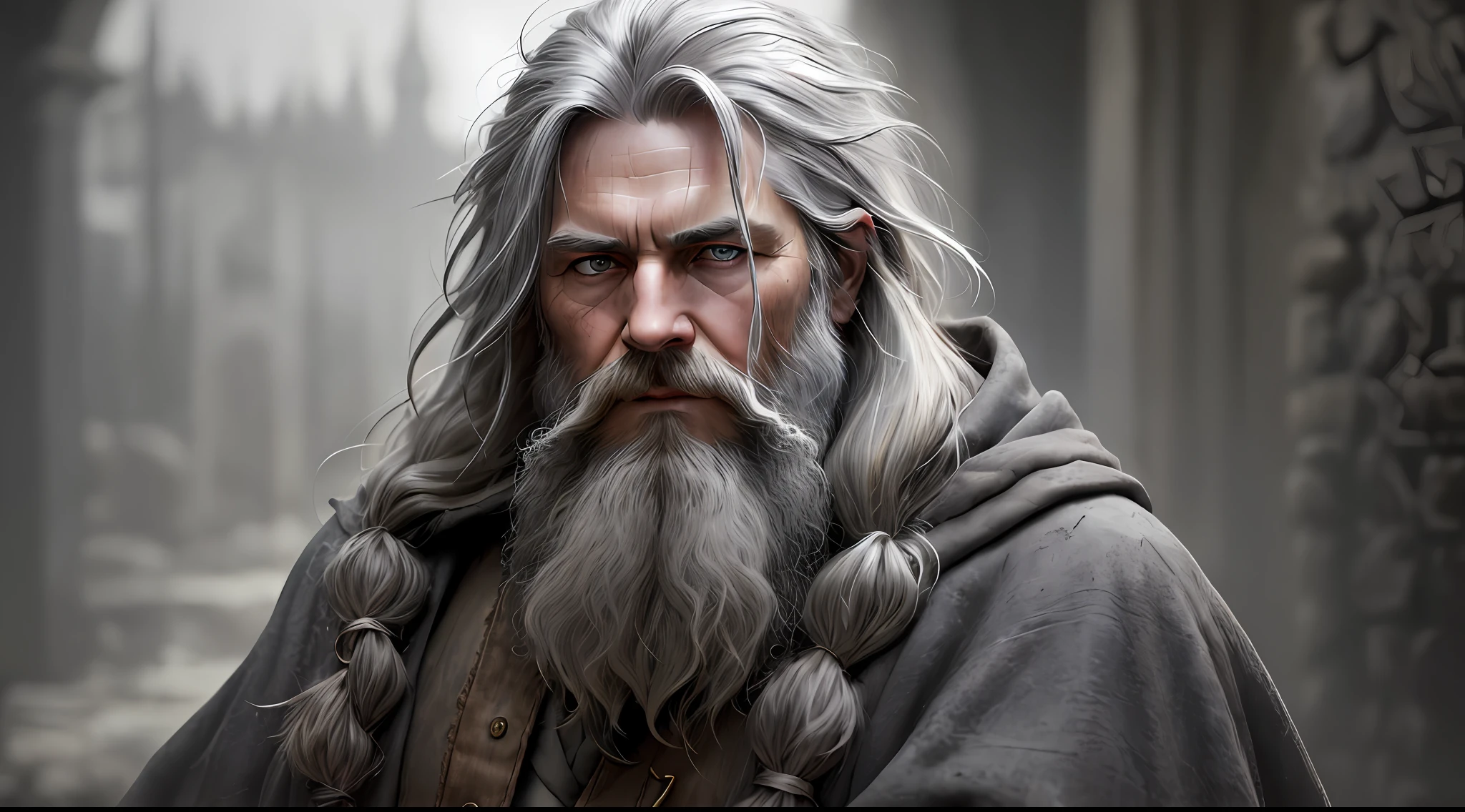photo, old evil hermit, medieval, piercing_deep-set_eyes, wrinkled face, dark_stichted_cloak, (dramatic lighting:1.25), (shadowy background:1.2), (dirty_ unkempt_gray_hair:1.2), (long_shaggy_beard:1.3), (faded colors:1.1), (sharp focus:1.1), (shadows:1.2), (subtle HDR:1.3), (realistic skin texture:1.25), (detailed hair:1.2), (gritty texture:1.1), (cinematic look:1.2), (powerful pose:1.3), (blush:0.5), (goosebumps:0.5), subsurface scattering, detailed_grey_eyes