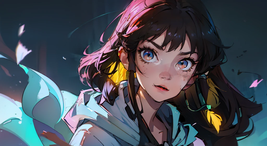 ((Super Detail Face, higly detailed)), (((hiquality))), (Create a girl with long disheveled black hair and yellow eyes in a white cloak), Looking at a bright computer screen, Concentrated expression,Smiling, gamer,, monitor, night time, Good Quality, perfect anatomy, 8K, Masterpiece, by (Holax), Long hair, messy hair, Neon, earphones, ciberpunk, neon purple, neon yellow, Neon blue, Cyberwave, Best Character Design