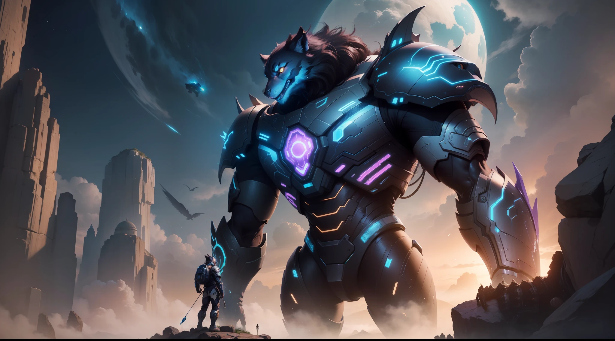 A closeup of a person standing on a rock near a giant animal, Wojtek FUS, amazing space creature 4 k, style hybrid mix of beeple, Greg Beeple, cyborg dragon portrait, epic fantasy sci fi illustration, bom menino gigante mecha wolf hound, Beeple e Tim Hildebrandt, arte de fantasia digital 2d detalhada sem o raio roxo no rosto da fera