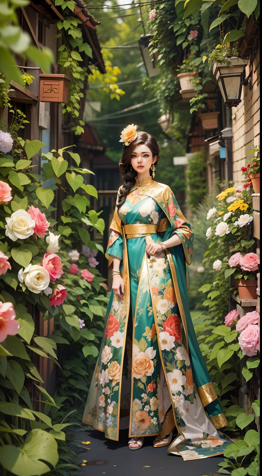 Beautiful woman in insanely intricate Floral Garden Party Outfit