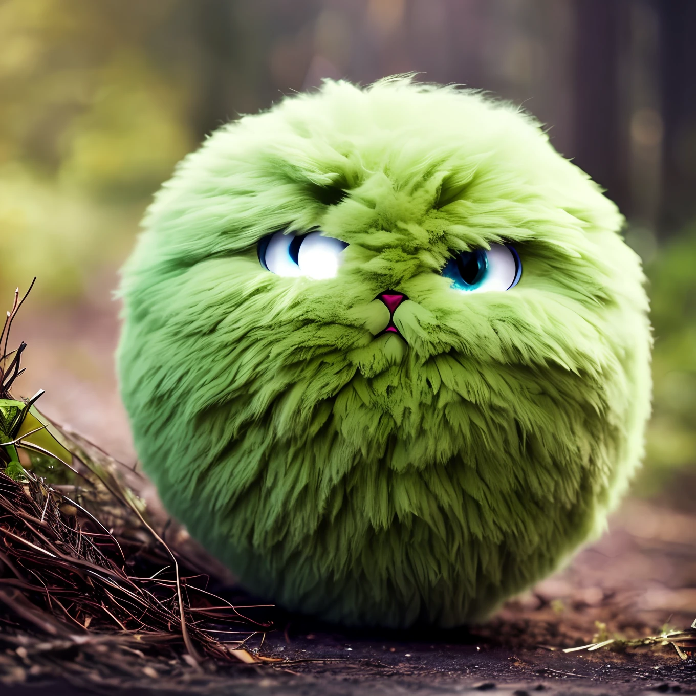 A close-up of a fluffy spherical creature with green eyes, flauschigem Mountain, angry at an imaginary friend