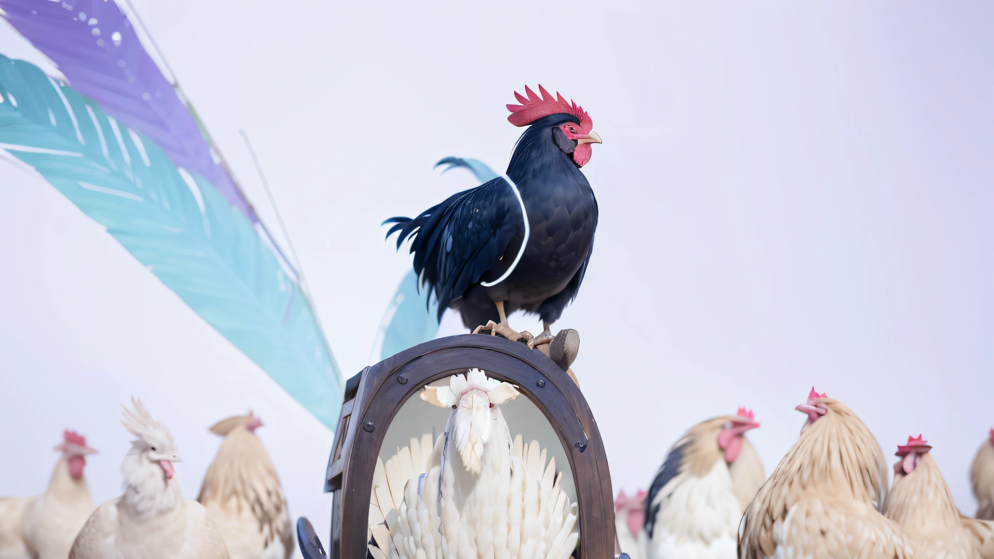 An amazing CG expression,Best Picture Quality,Ultra-detailed and detailed design,Angles and postures that convey vitality,A haughty rooster,The feathers are delicate and gorgeous,Reserved posture,Proud gaze and upright posture,Lifelike expressions and details,Surrounded by the territory of roosters,A loud chirp echoed through the air,Rich and realistic background and light and shadow effects。