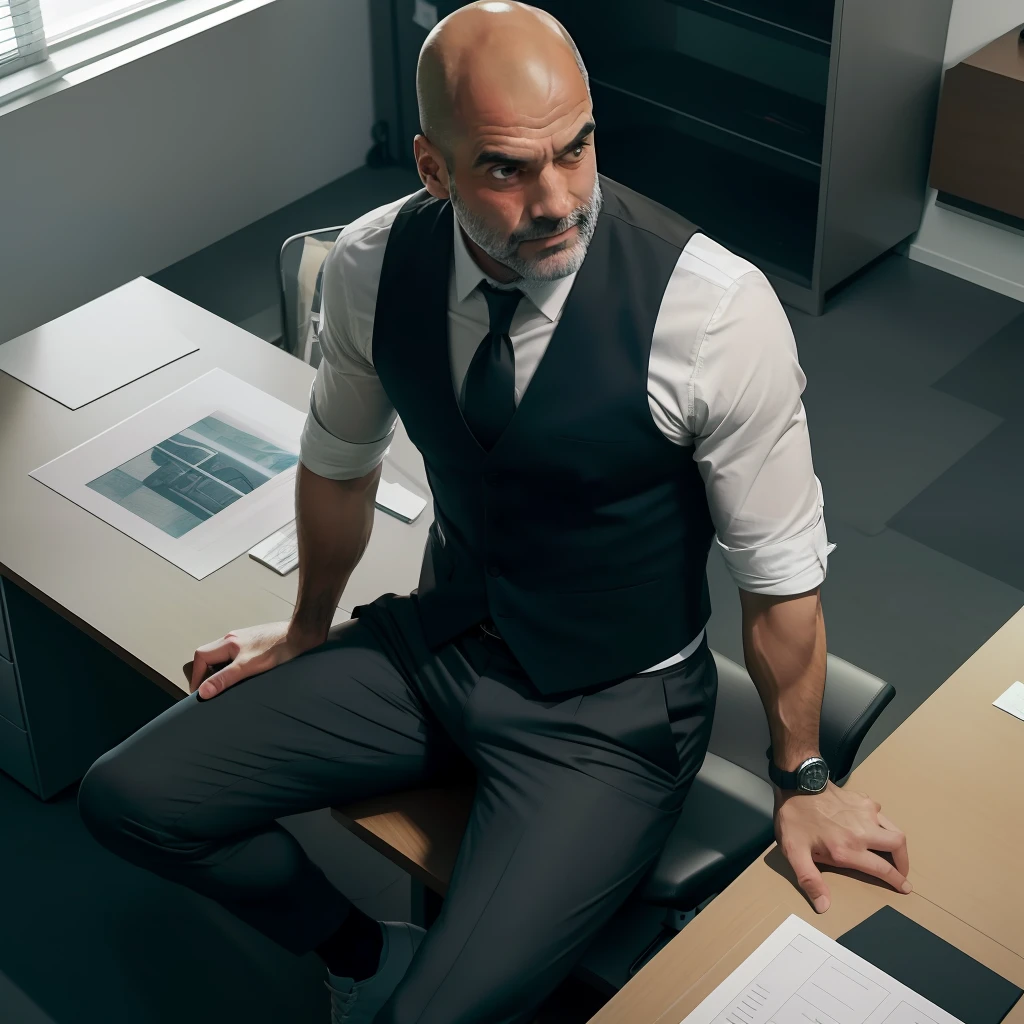 aged 40，Guardiola，Shirtless，Tong，Bulge，office room，black long socks，Thin，musculature，lbeard，fortitude，artwork of a，tmasterpiece，k hd，vests，pantiess，from the above，