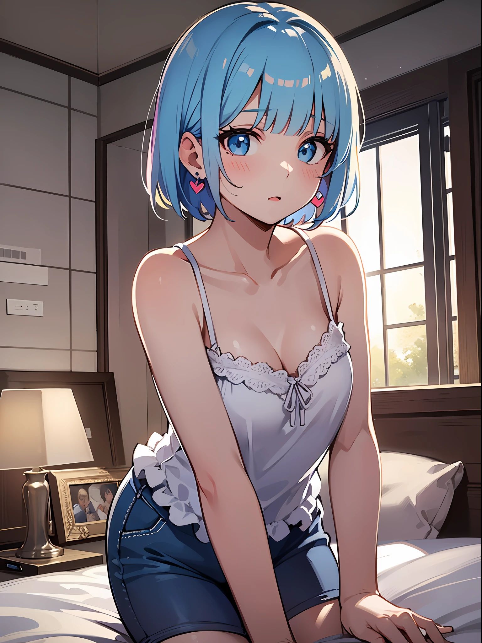 (masterpiece:1.3), (best quality:1.3), high resolution, 


couboy shot, 
leaning forward, body facing forward, 

(one cute girl:1.3), solo, 
white skin, small Breast, eight-headed person, 
light blue hair, (bobbed hair:1.2), (short hair:1.2), (blunt bangs:1.2), beautiful hair, blue eyes, beautiful detailed eyes, 

blush, heart, surprised, 

short pants, camisole, earrings, 

indoors, white room, bed, 

shadowlighting,