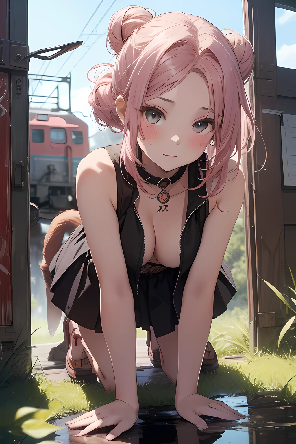 BBQ stand,A variety of foods,Kebabs,MarketaB,Hold a lightning magic wand,Shoot lightning forward,Harry Potter magic hat,Ancient oil lamps,(Shirtless:0.9)、(Naked:0.5)、(huge tit)、Skin type、Fine hairs、Radiant skin、Drunken、luminous(Shirtless:0.8)(Bandeau:0.1)、(Lift one foot:0.1)、 huge tit、Blush、(Small tattoos)、Slightly drunk、(Background with:Jungle lion monkey elephant:0.4)、(goddes:0.8)、(s girl:0.7)、Water-colored eyes、Long eyelashes、(Cute marks on the face: 1.2),(dog teeth:0.8),,(ssmile:0.5)(Blush:0.7),(Hair:0.4),(short:0.8),(Black and brown hair:0.5)(White and pink hair: 0.6)、(Striped hair:0.5)、(High ponytail:0.6)、(ca:0.7)、Shiny hair、(High morbidity:0.6)、(double bun hair:0.2)、Moon hairpins、Collar、Lace、frilld、( Head tilt:0.7)、(Side:0.5)、(Look up:0.2)、(Look at the camera:1.0)(Chest pat:0.5)(Flip skirt:1.5)、((Delicate facial features、Positive face、detail),Bright pink lips,ssmile,Open your mouth,Blush,Slightly drunk:0.5)),Absurd,Extreme,tmasterpiece,whole body fairy,Seductive special portrait of Tifa Loha,The clothes are smooth white and transparent,Background spray paint graffiti,Lace panties。 (There are a lot of little bear pajamas:0.5),(Vintage train background:0.2),The reflection of a part of stagnant water on the ground,Old brick floor,Old clock,wooden building,Leading the puppy