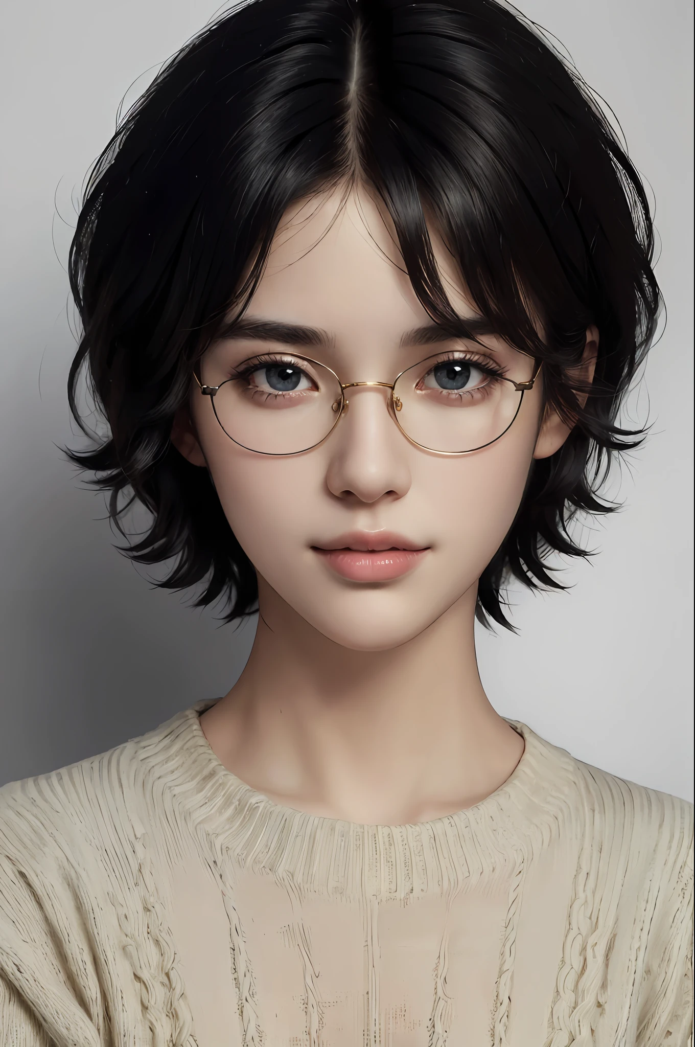 (masterpiece:1.3), (8k, photorealistic, RAW photo, best quality: 1.4), (1girl), beautiful face, (realistic face), (black hair, short hair:1.3), glasses, beautiful hairstyle, realistic eyes, beautiful detailed eyes, (realistic skin), beautiful skin, (sweater), absurdres, attractive, ultra high res, ultra realistic, highly detailed, golden ratio