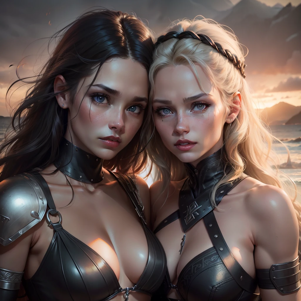 beautiful mature skinny viking girls in her 20's showing her weapons and embracing each other. One curly blonde one ringlets brunette hair, wide open mouth, extreme eyelids dark shadow make-up, red glossy lips, hypnotic bright eyes, wearing sexy viking outfits, long nails, sensual pose, sensual expression, ((slim, petite)), viking village and ocean background, sunny day, photorealistic, photo, masterpiece, realistic, realism, photorealism, high contrast, photorealistic digital art trending on Artstation 8k HD high definition detailed realistic, detailed, skin texture, hyper detailed, realistic skin texture, armature, best quality, ultra high res, (photorealistic:1.4), high resolution, detailed, raw photo, sharp re, by lee jeffries nikon d850 film stock photograph 4 kodak portra 400 camera f1.6 lens rich colors hyper realistic lifelike texture dramatic lighting unrealengine trending on artstation cinestill 800,